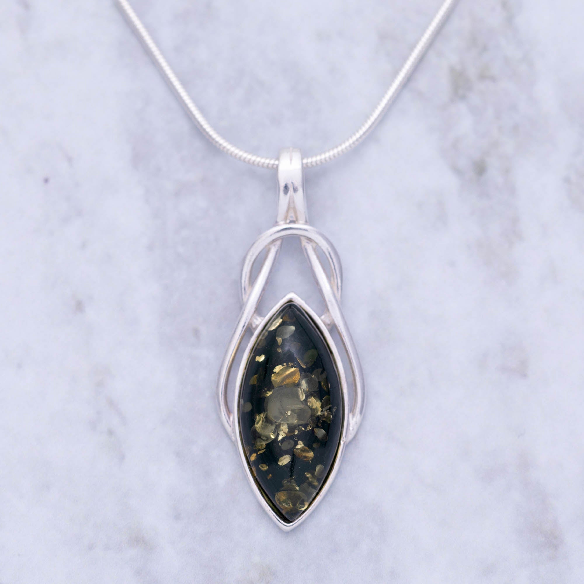 Green Amber Celtic Necklace - With Diamond Cut Chain