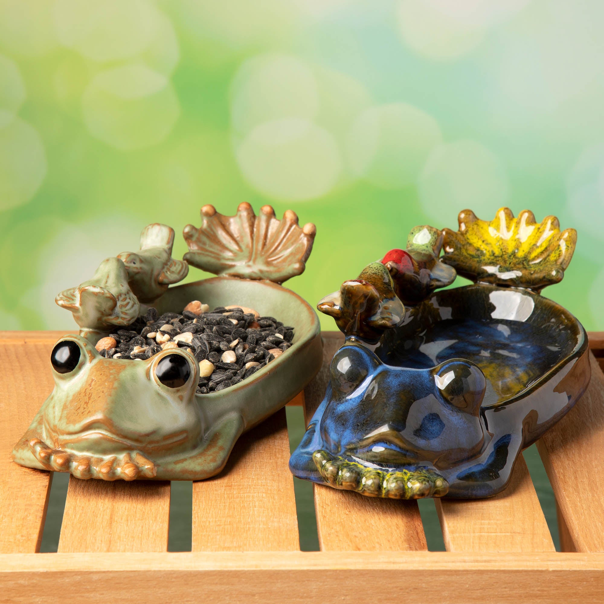 Ceramic Frog Bird Bath & Bird Feeder - Blue