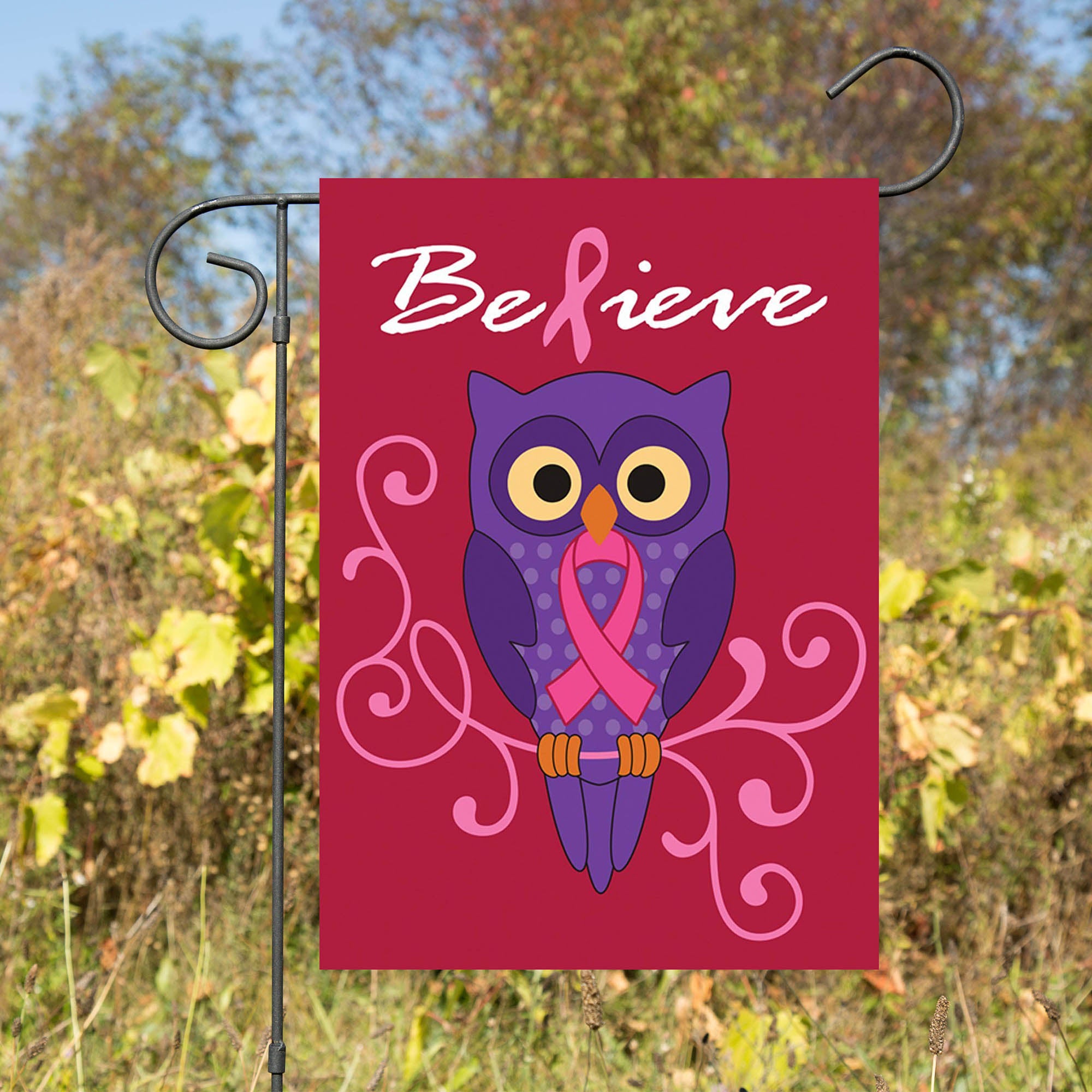 Toland Owl Believe Pink Ribbon Garden Flag