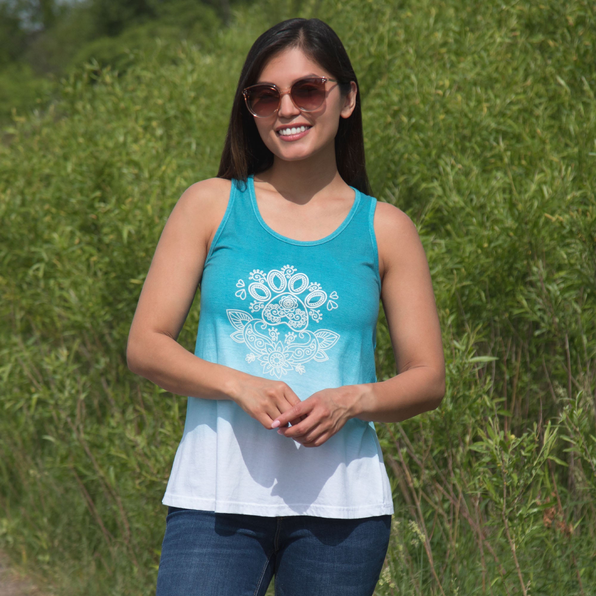 Paw Print Henna Ombre Tank Top - Teal - 4X