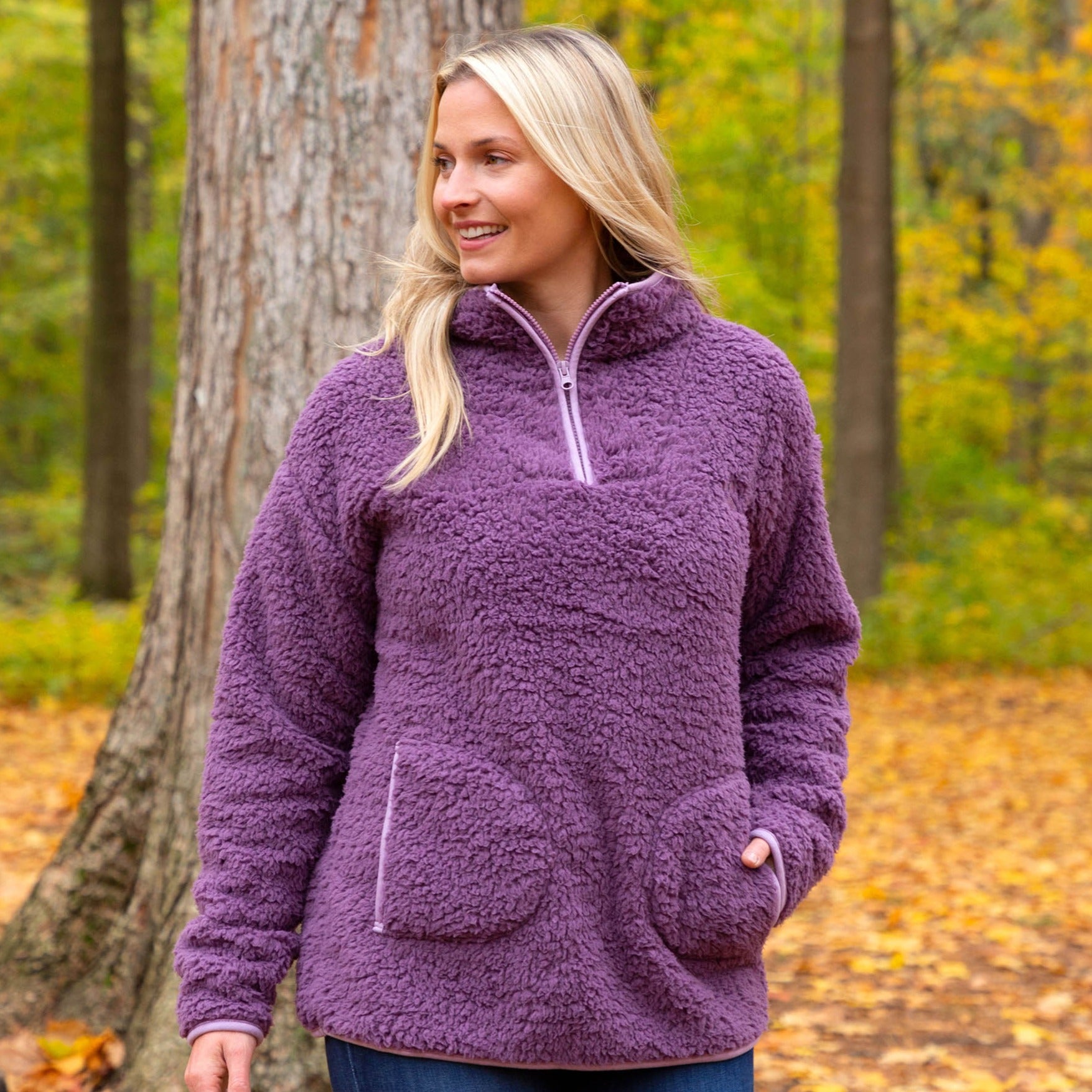 Women's Paw Print Sherpa Pullover - Purple - L