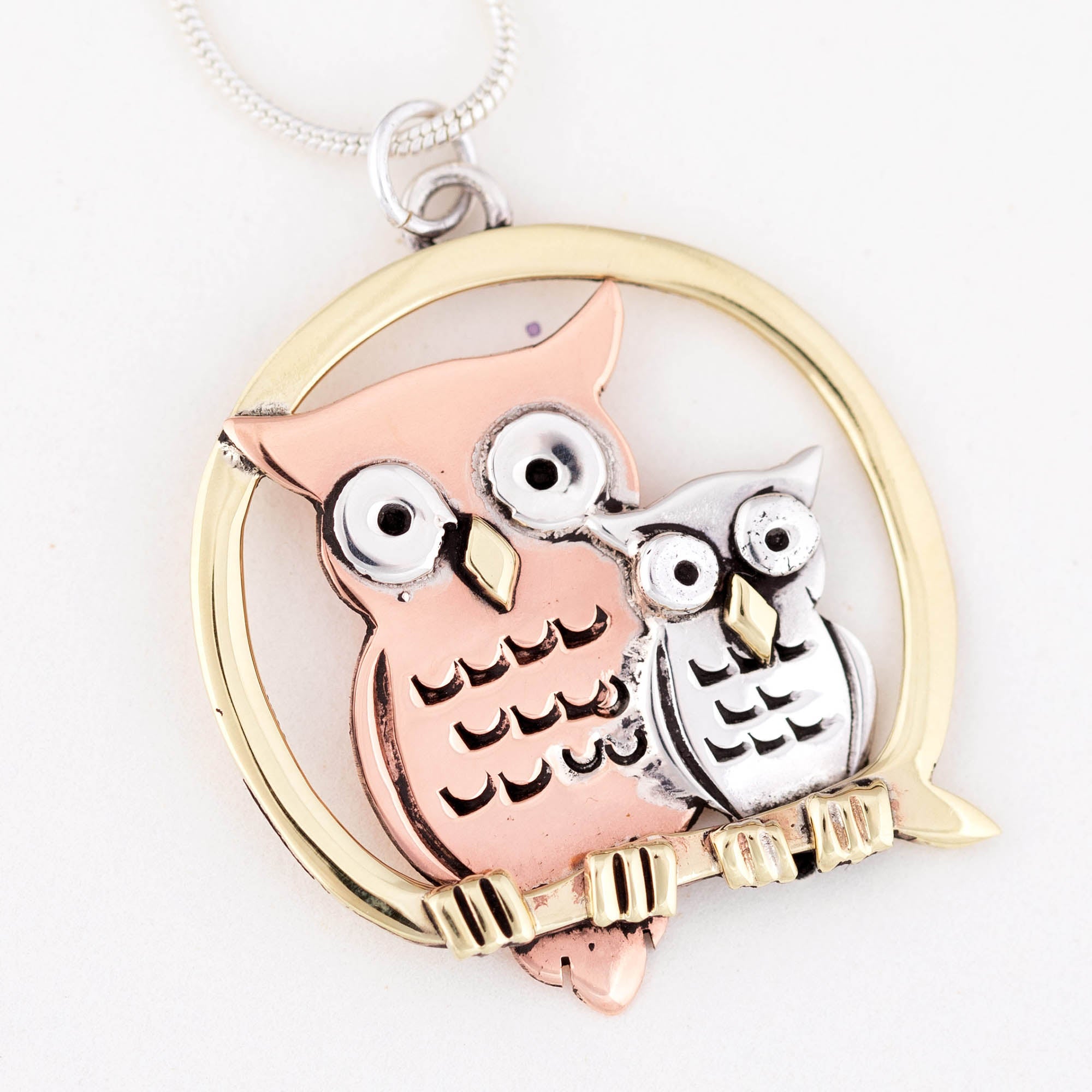 Mama & Baby Owl Sterling & Copper Necklace - With Diamond Cut Chain