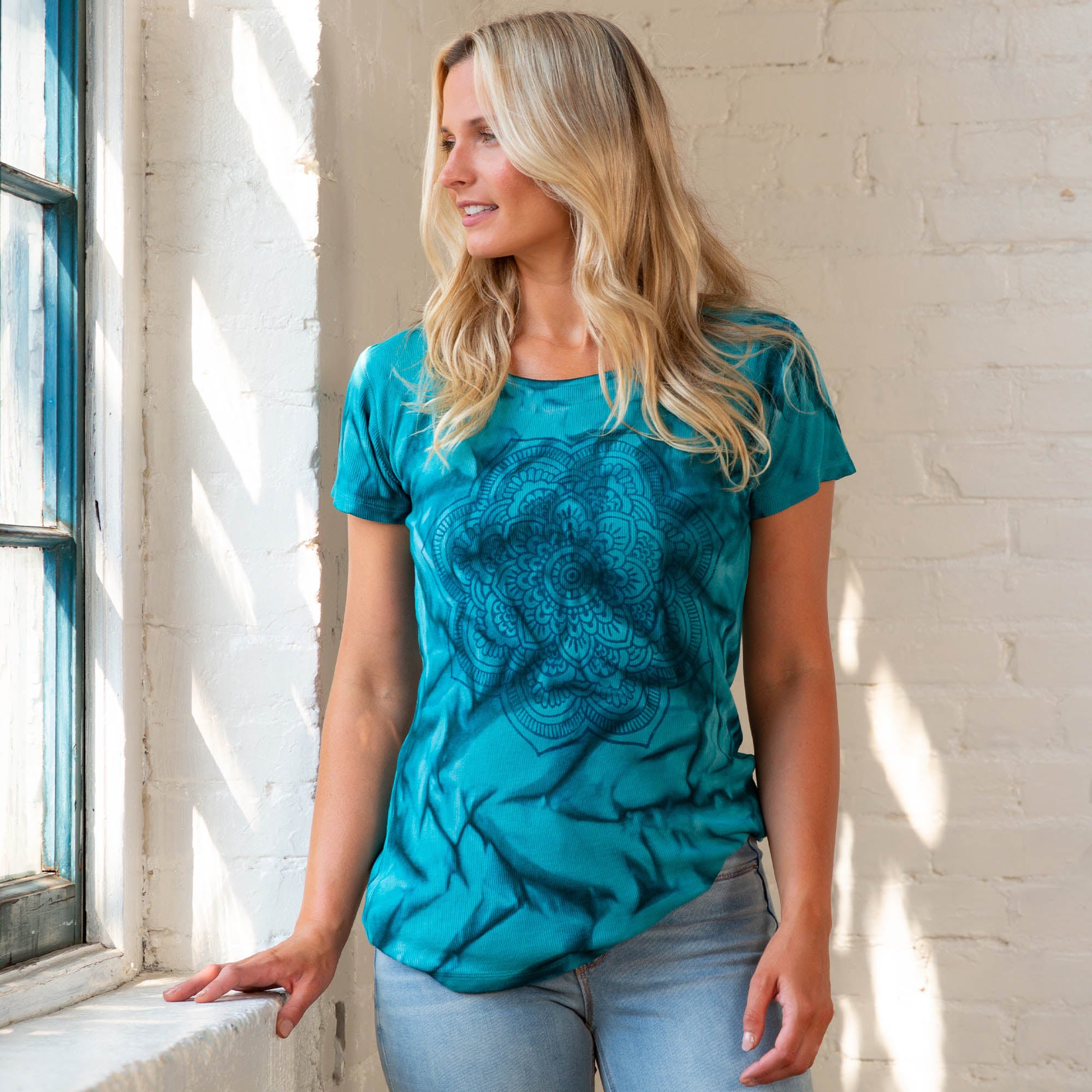 Women's Mandala Print Fair Trade Ribbed Shirt - Blue - 1X