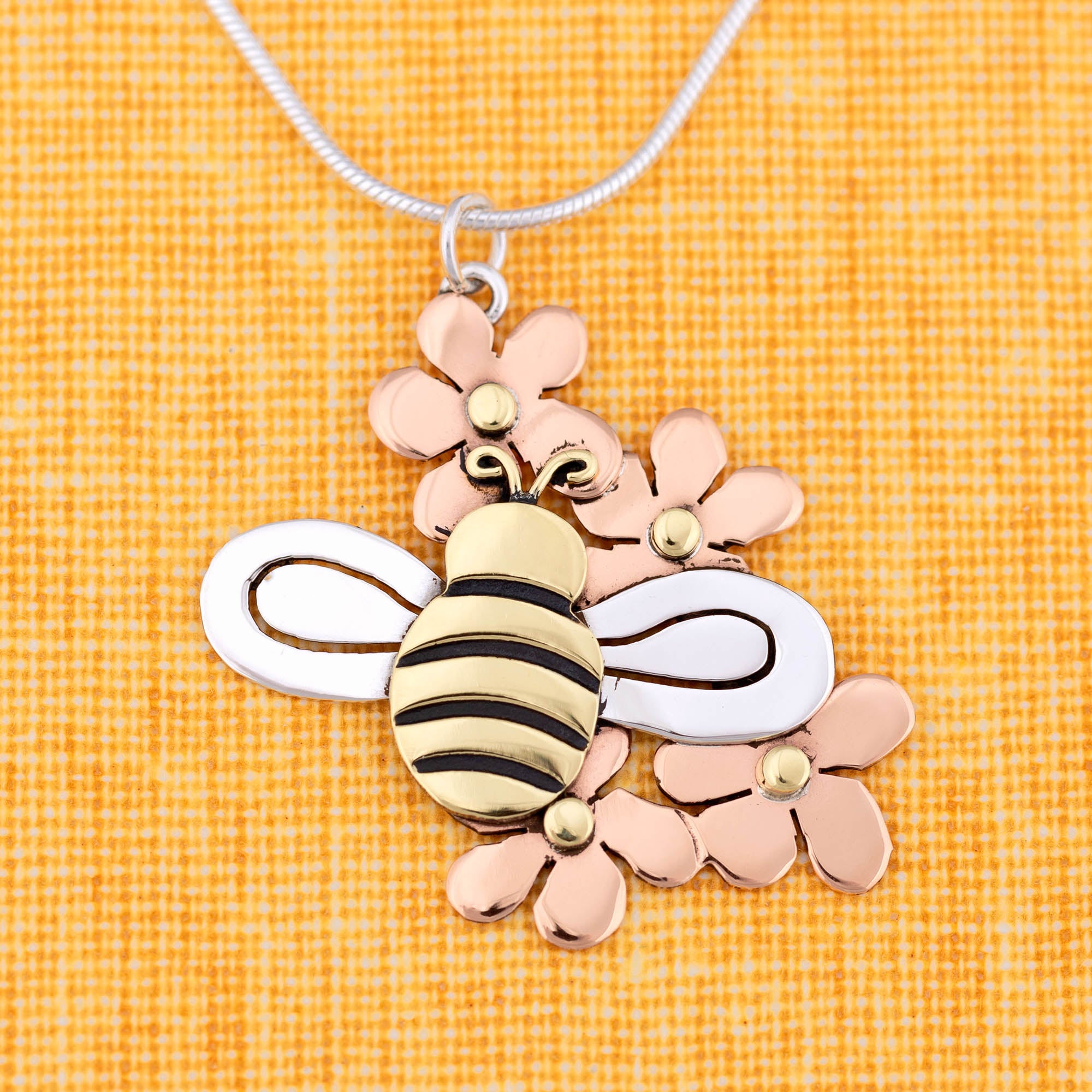 Bee In Flowers Sterling Necklace - With Snake Chain