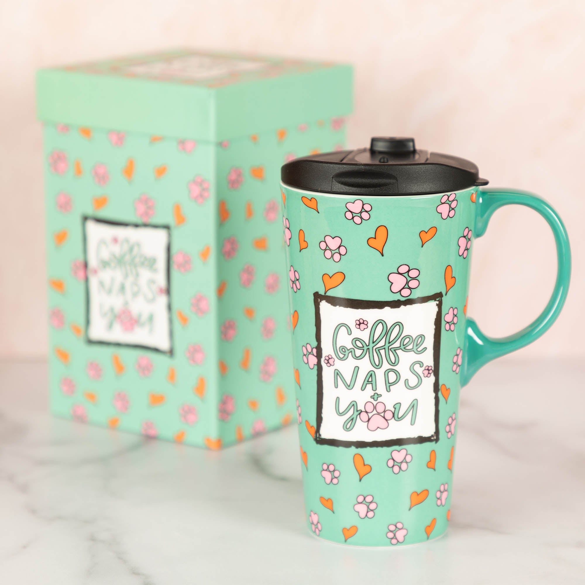 Inspirational Ceramic Travel Coffee Mug , Matching Gift Box - Coffee Naps & Paws