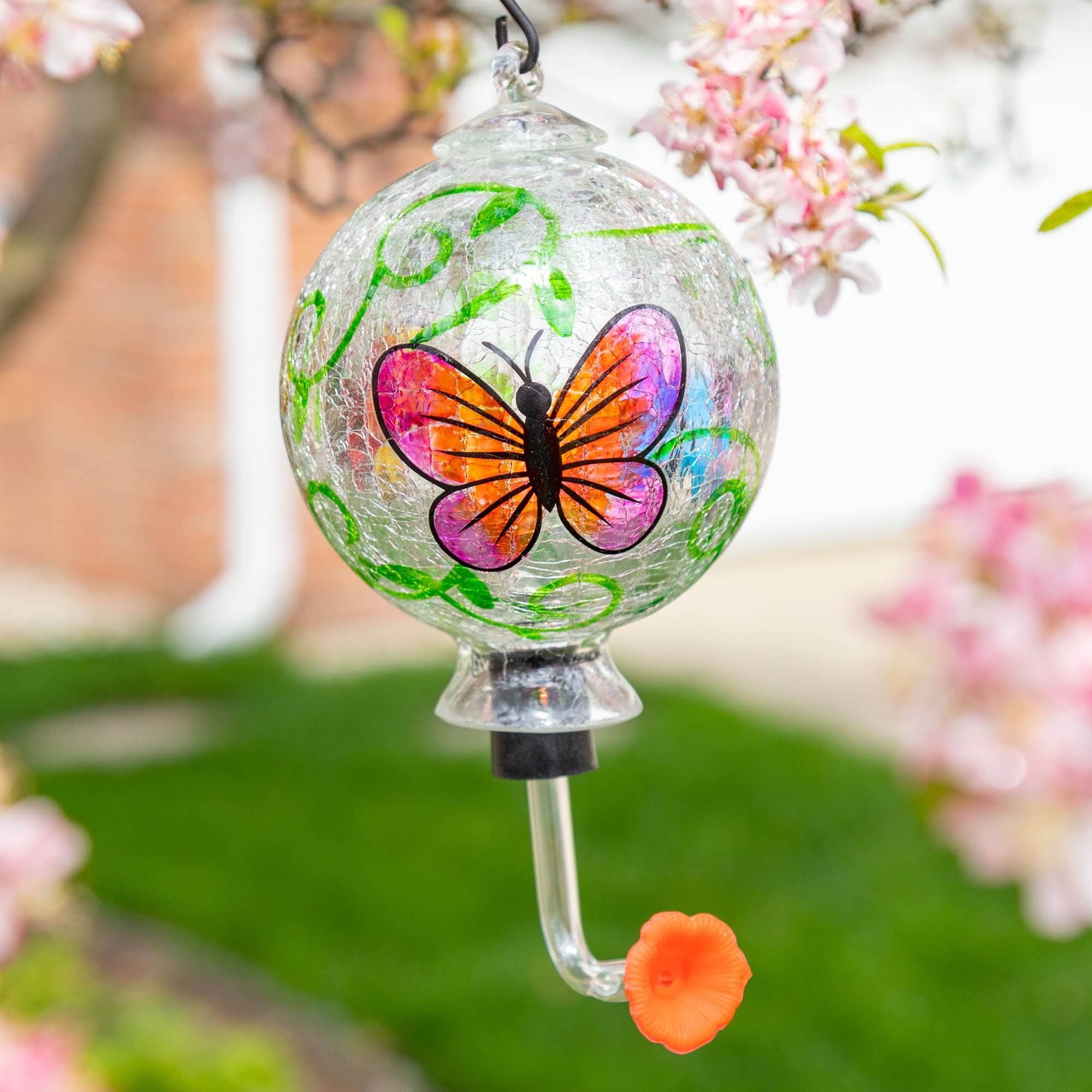 Hand-Painted Glass Hummingbird Feeder - Butterfly