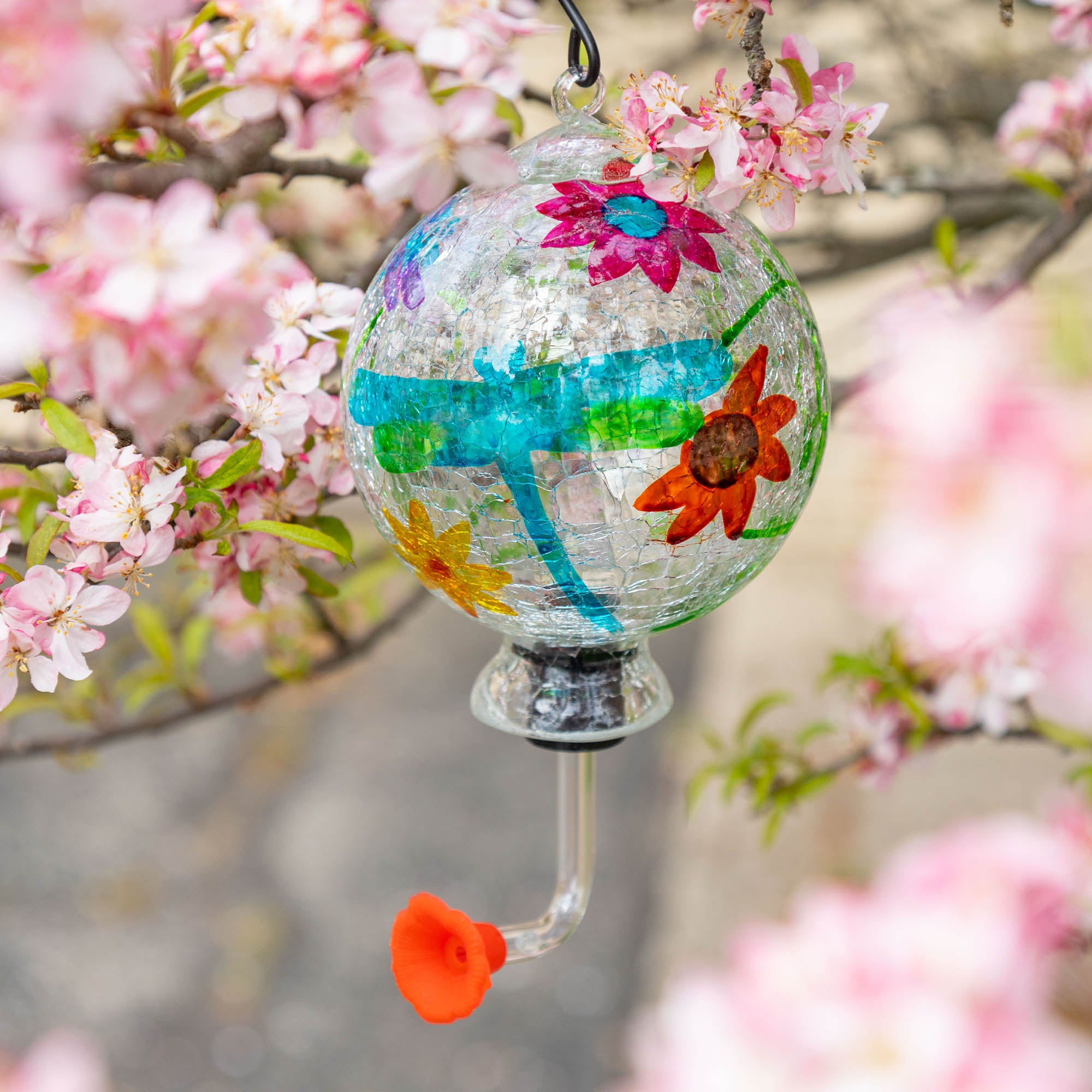 Hand-Painted Glass Hummingbird Feeder - Dragonfly