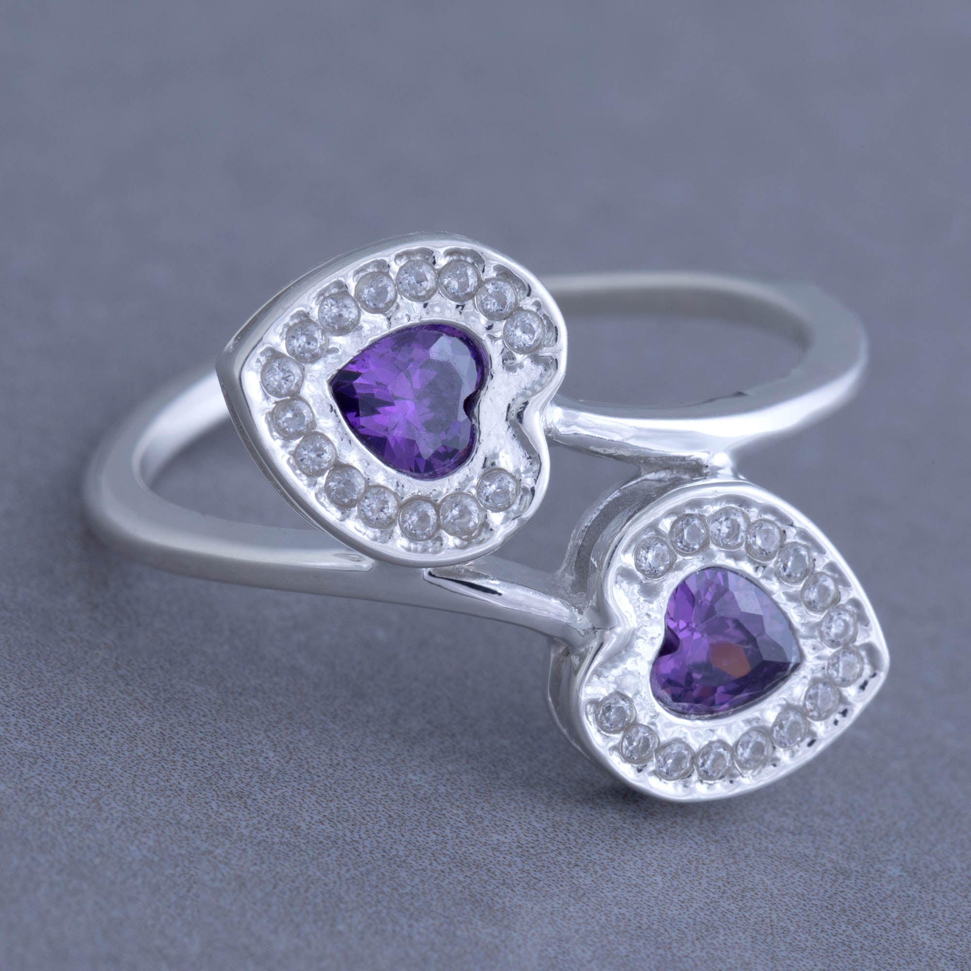 Two Hearts Sterling & Crystal Ring - 6