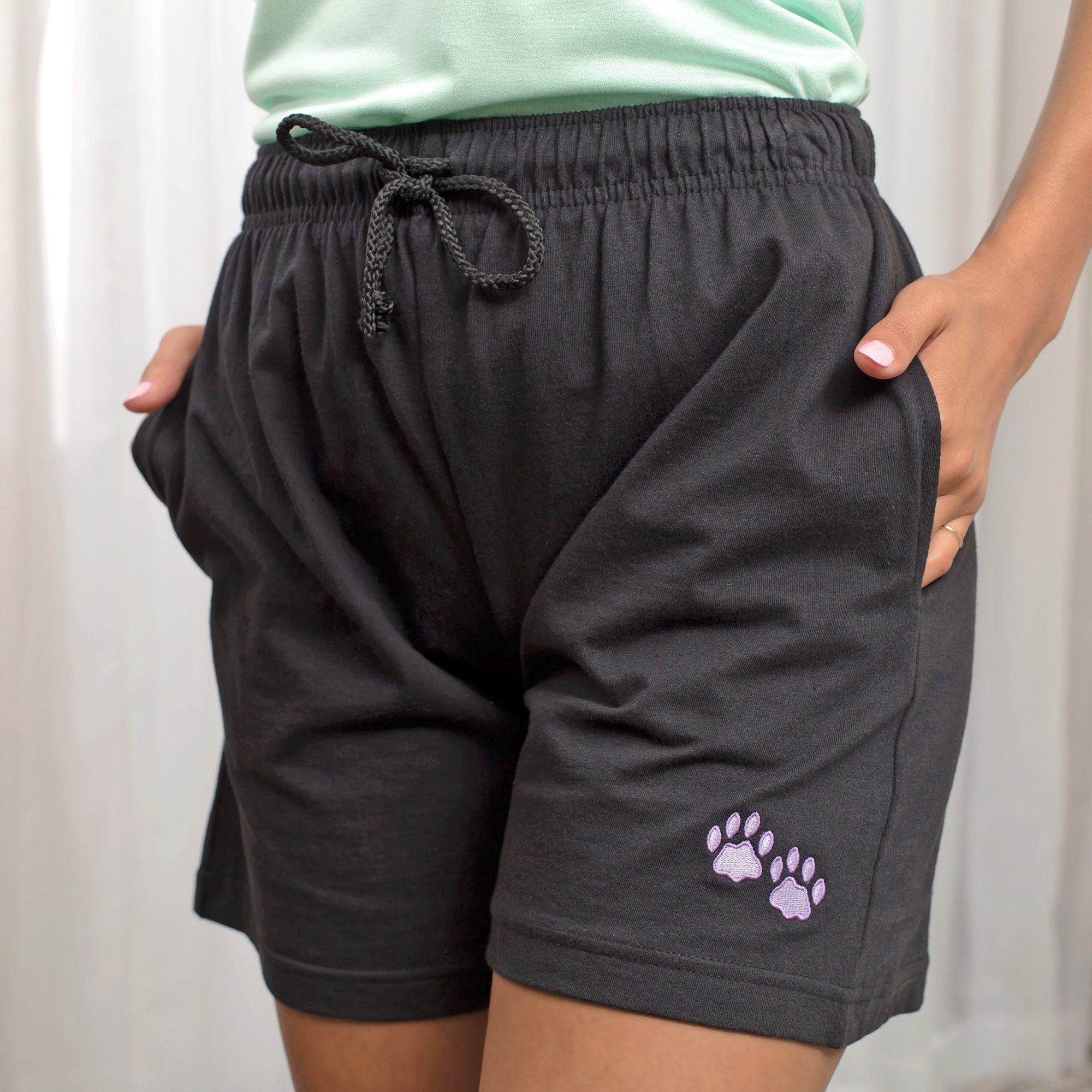 Women's Paw Print Drawstring Shorts , 100% Cotton - Black - M