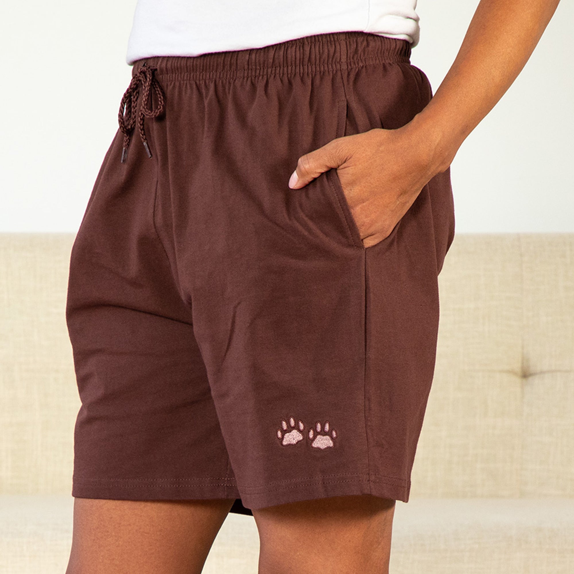 Women's Paw Print Drawstring Shorts , 100% Cotton - Mocha - S