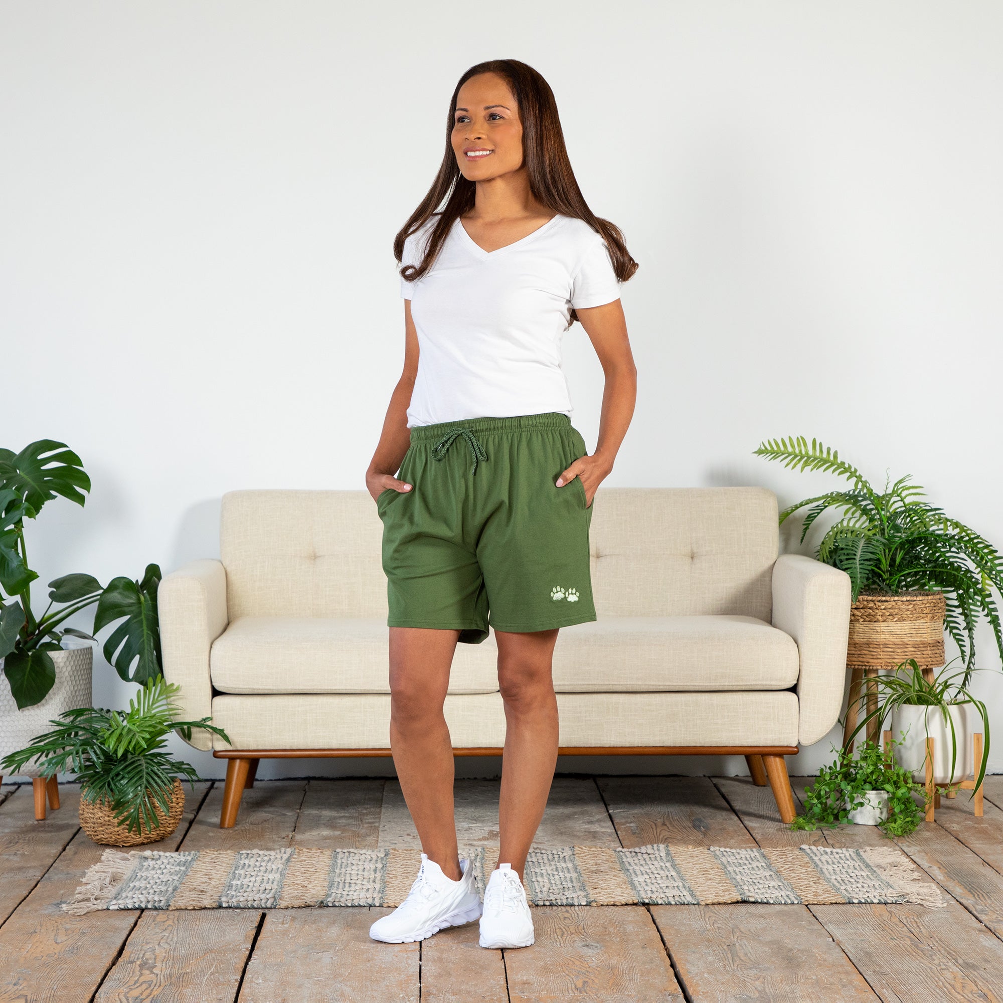 Women's Paw Print Drawstring Shorts , 100% Cotton - Olive Green - M