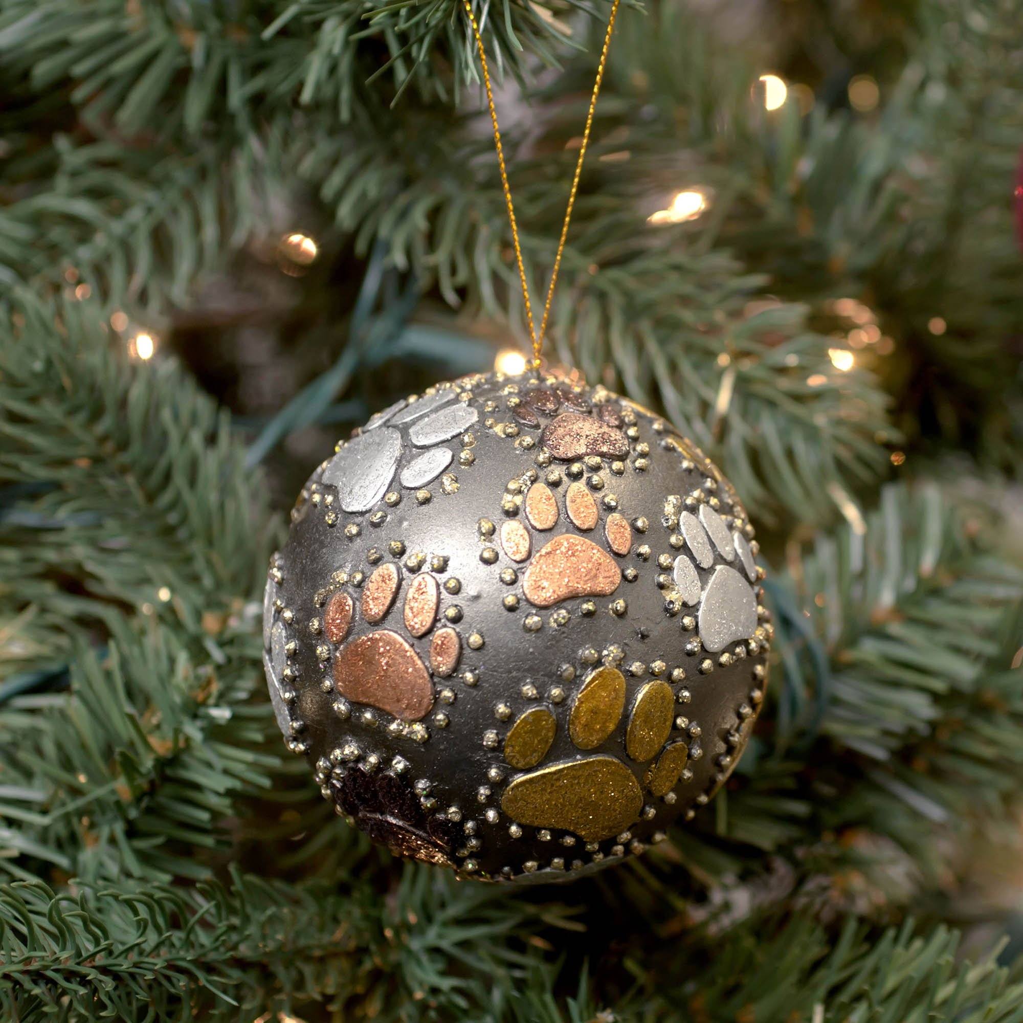 Beaded Paw Print Ball Ornament - Granite