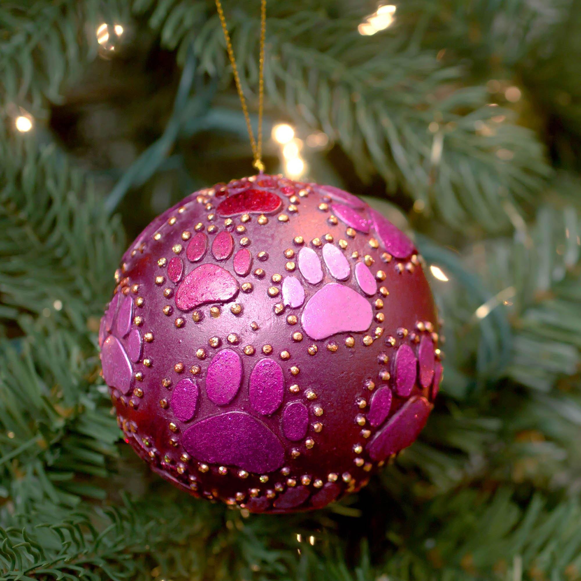 Beaded Paw Print Ball Ornament - Plum
