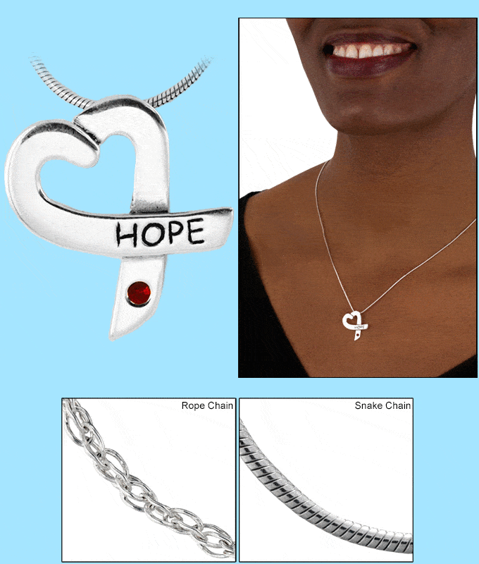 Hope For A Cure Diabetes Sterling Heart Necklace - With Snake Chain