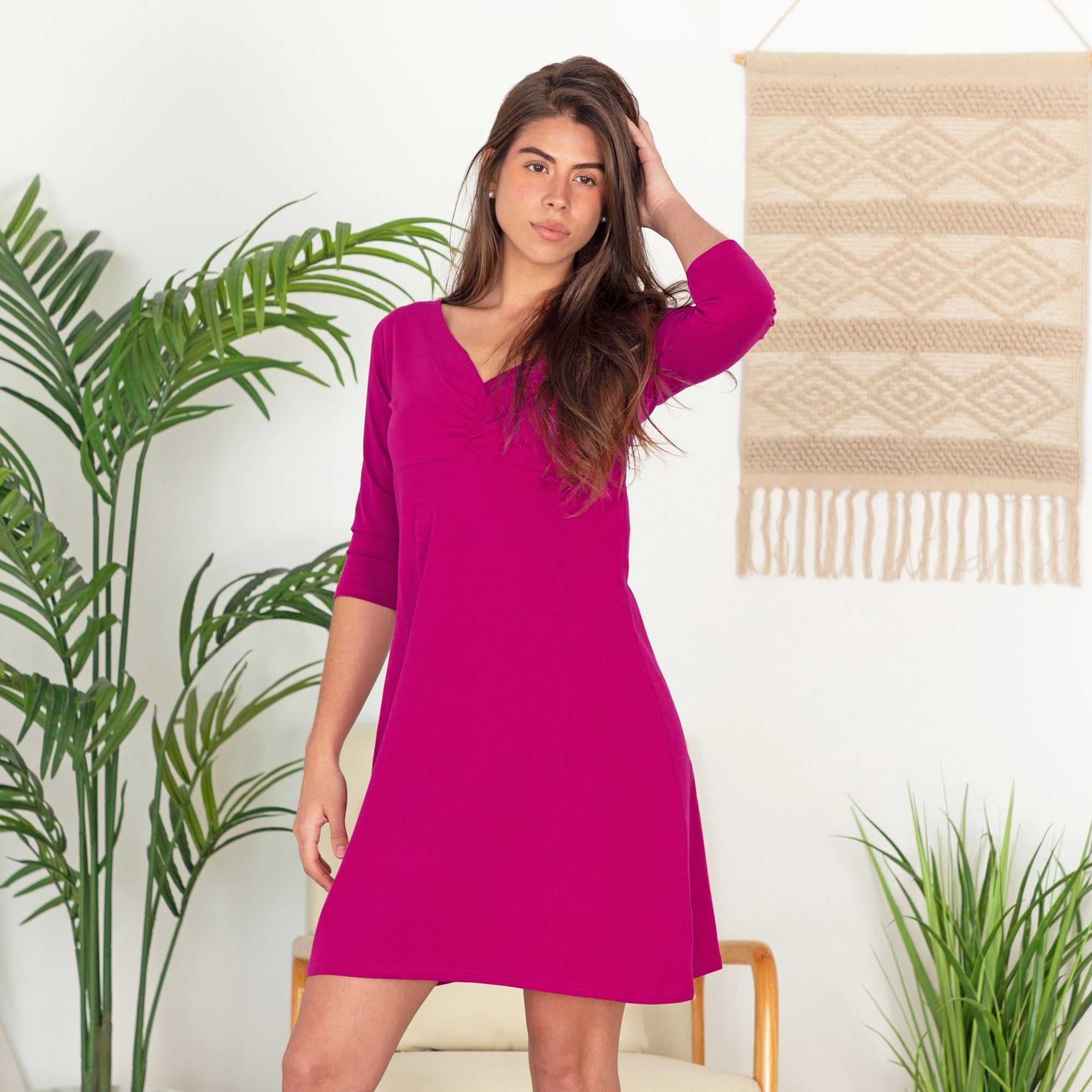 2/3 Sleeve Better Than Basic Organic Cotton Dress - Berry - L