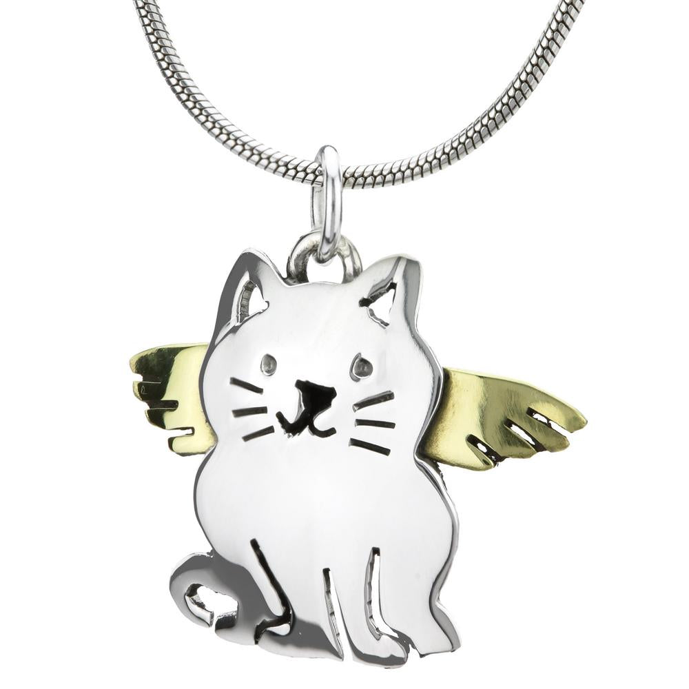 Angel Cat Brass & Sterling Necklace - With Sterling Cable Chain