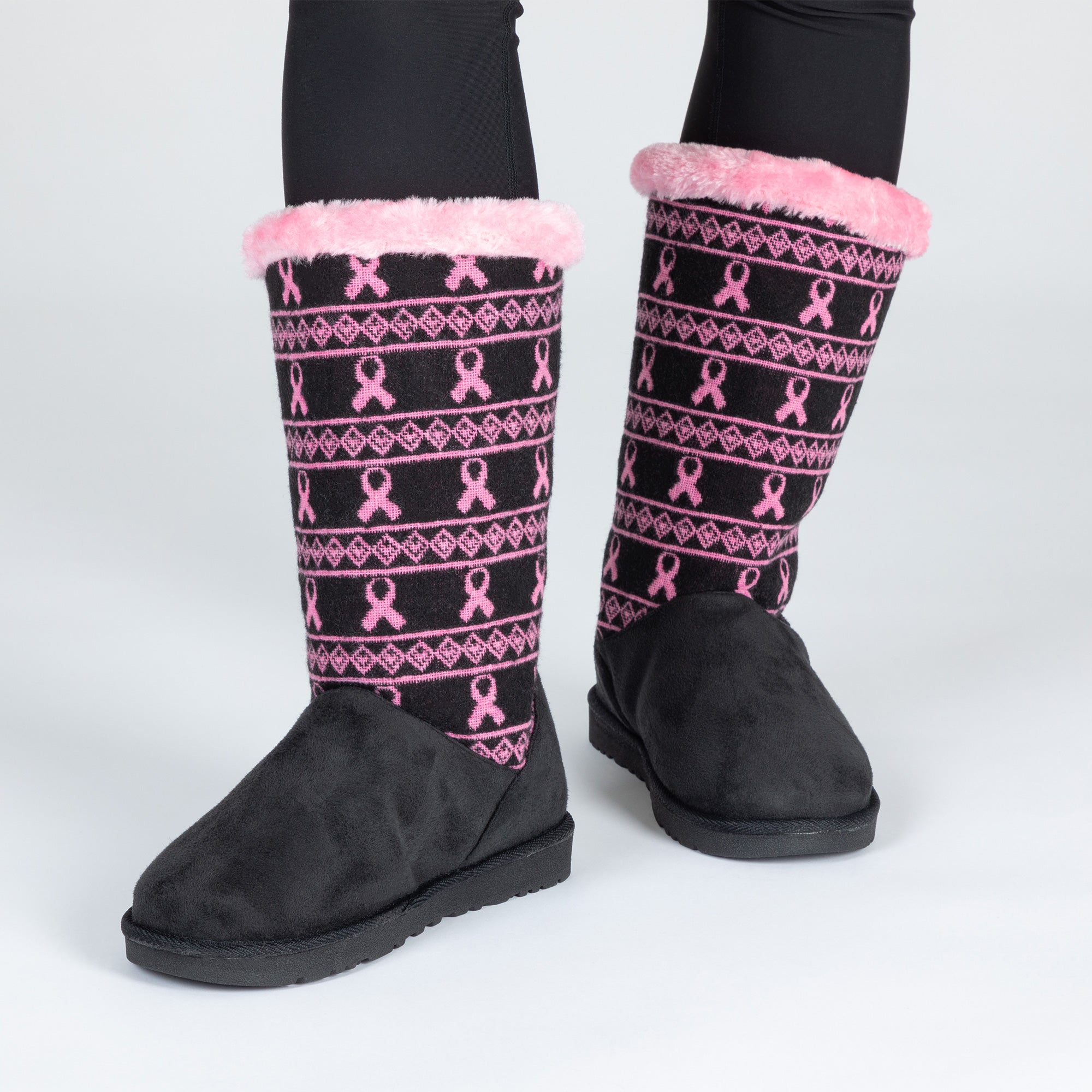 Women's Pink Ribbon Black Knit Boots L Breast Cancer Awareness Shoes - 7