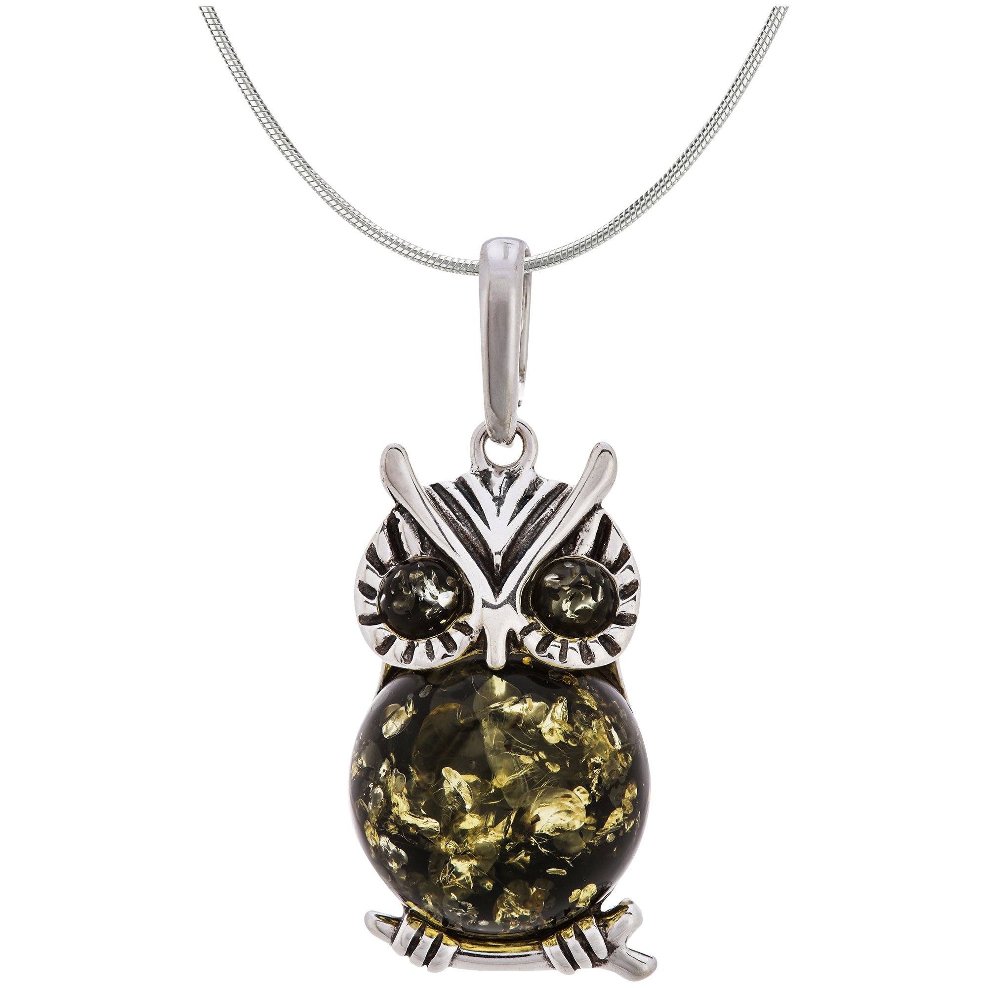 Owl Amber & Sterling Necklace - Green - With Snake Chain