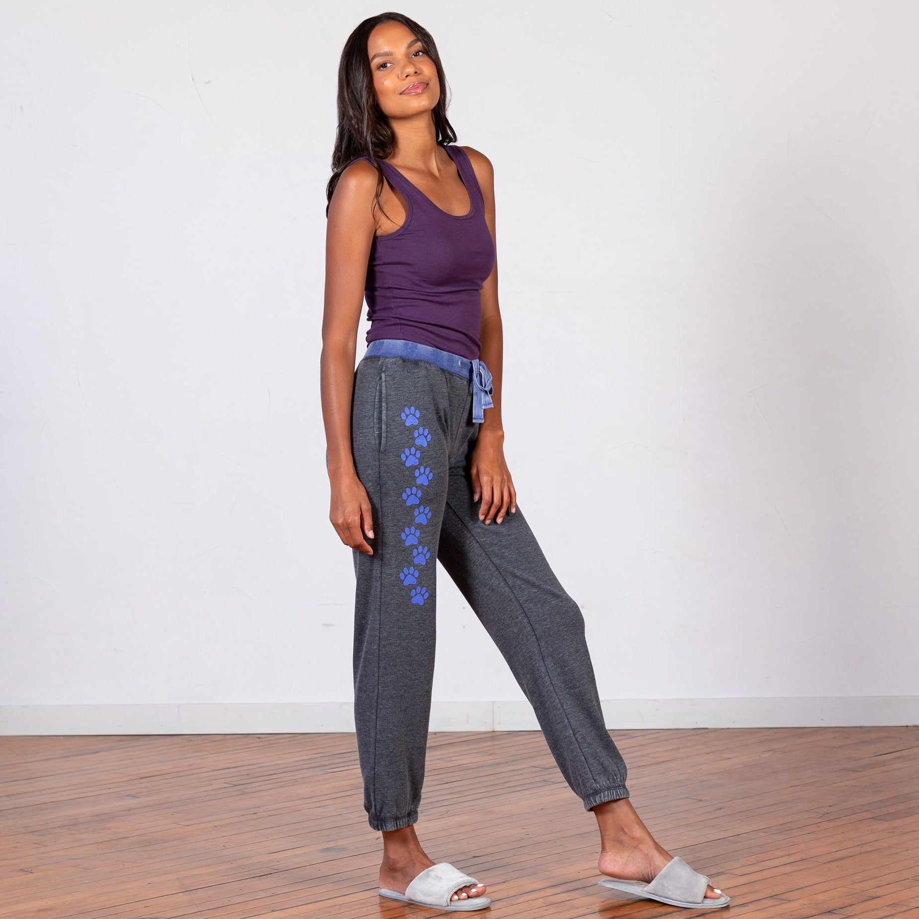 Women's Paw Print Grey Sweatpants With Drawstring - Blue - 3X
