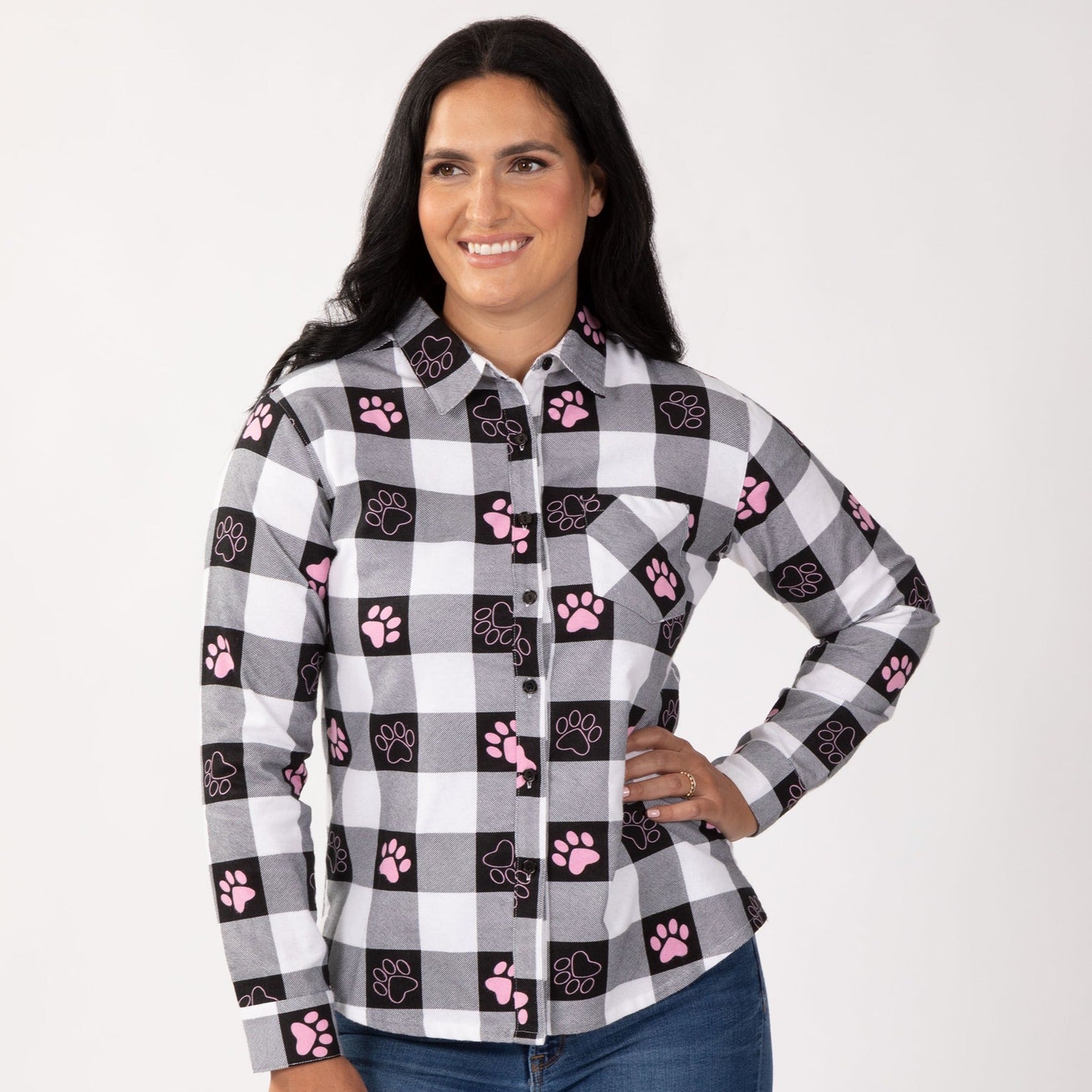Paw Print Flannel Button Up Shirt - Paw Buffalo Plaid - Pink - L