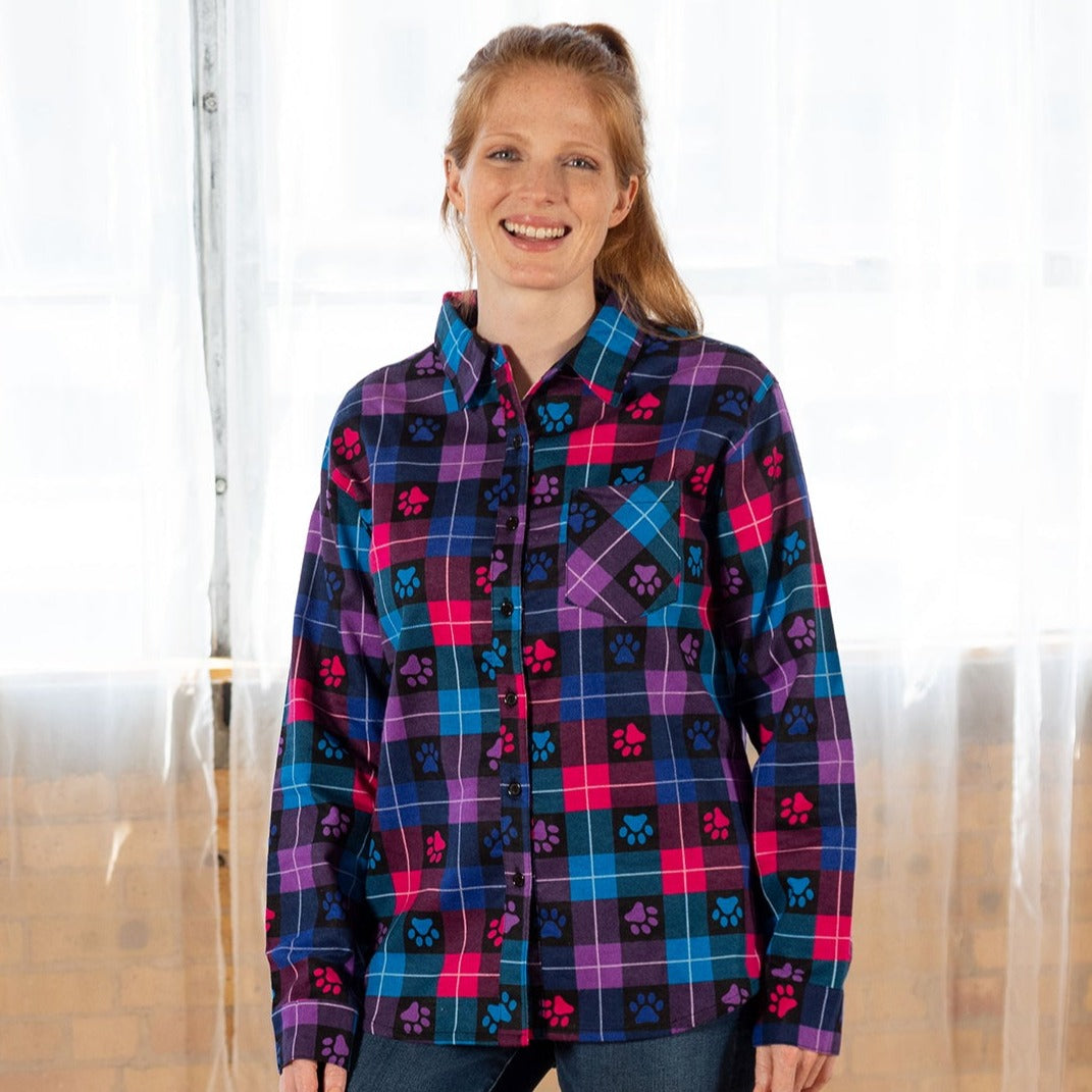 Paw Print Flannel Button Up Shirt - Jewel Tone Paws & Plaid - S