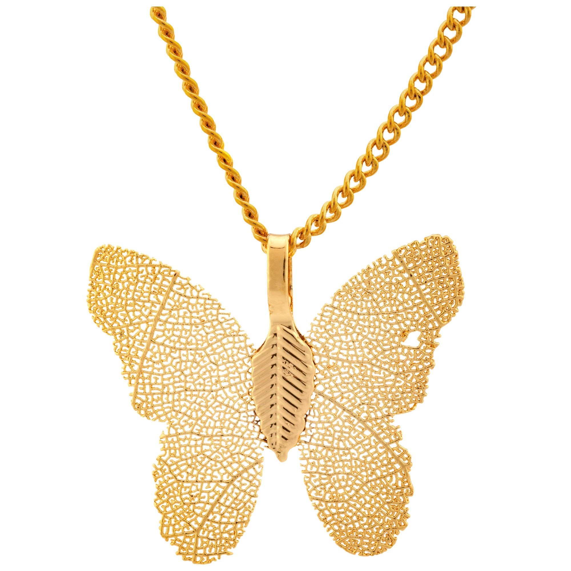 Lustrous Leaf Butterfly Necklace - Gold-tone