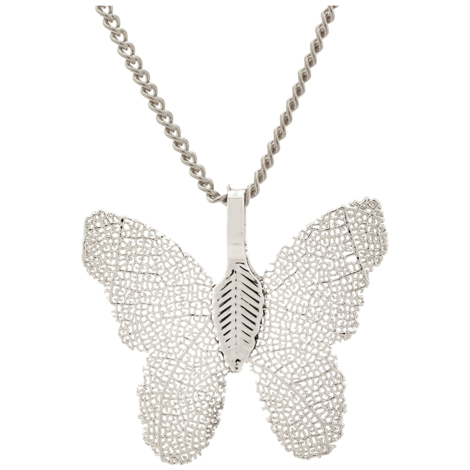 Lustrous Leaf Butterfly Necklace - Silver-tone