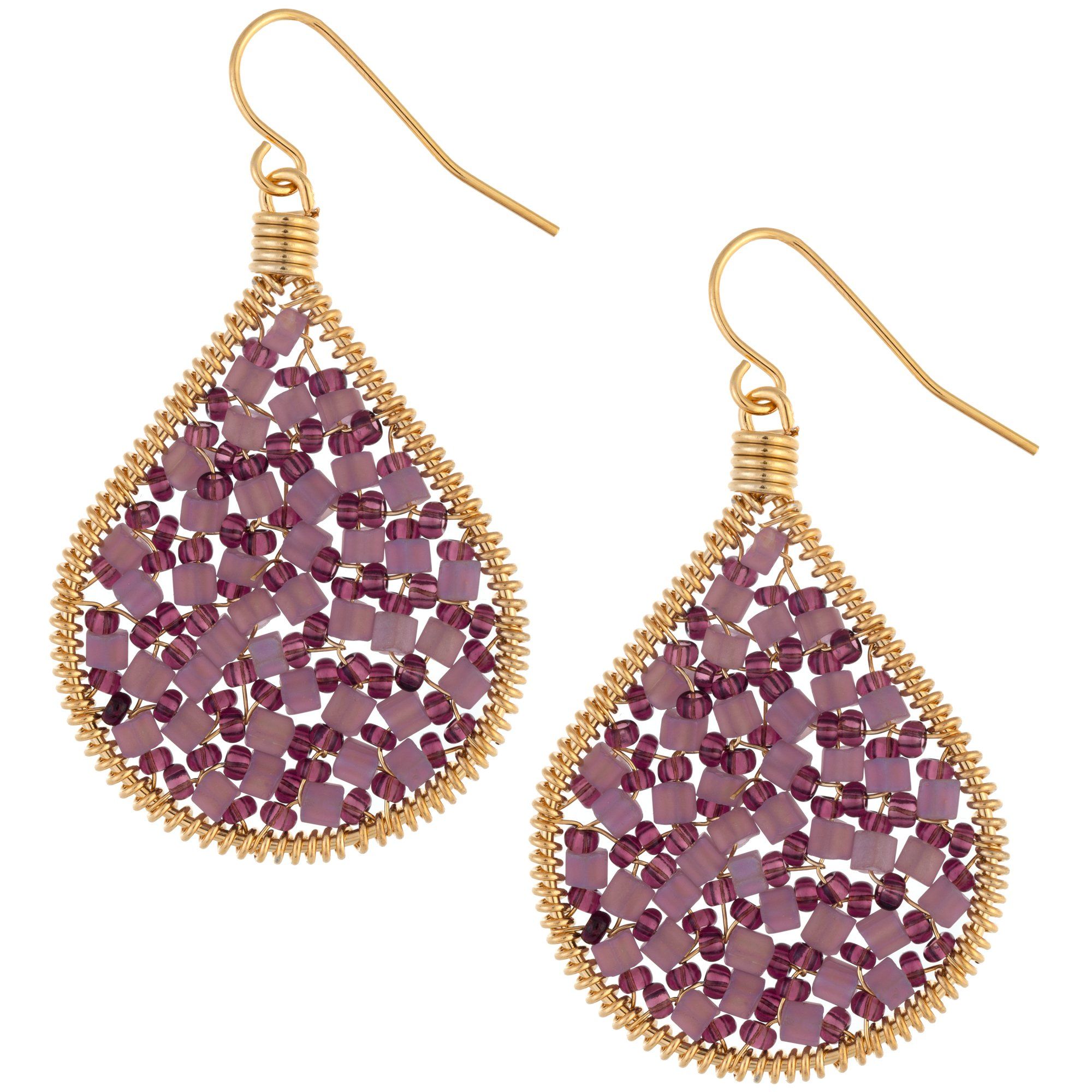 Glass Beaded Dream Gold-Plated Dangle Drop Earrings - Purple