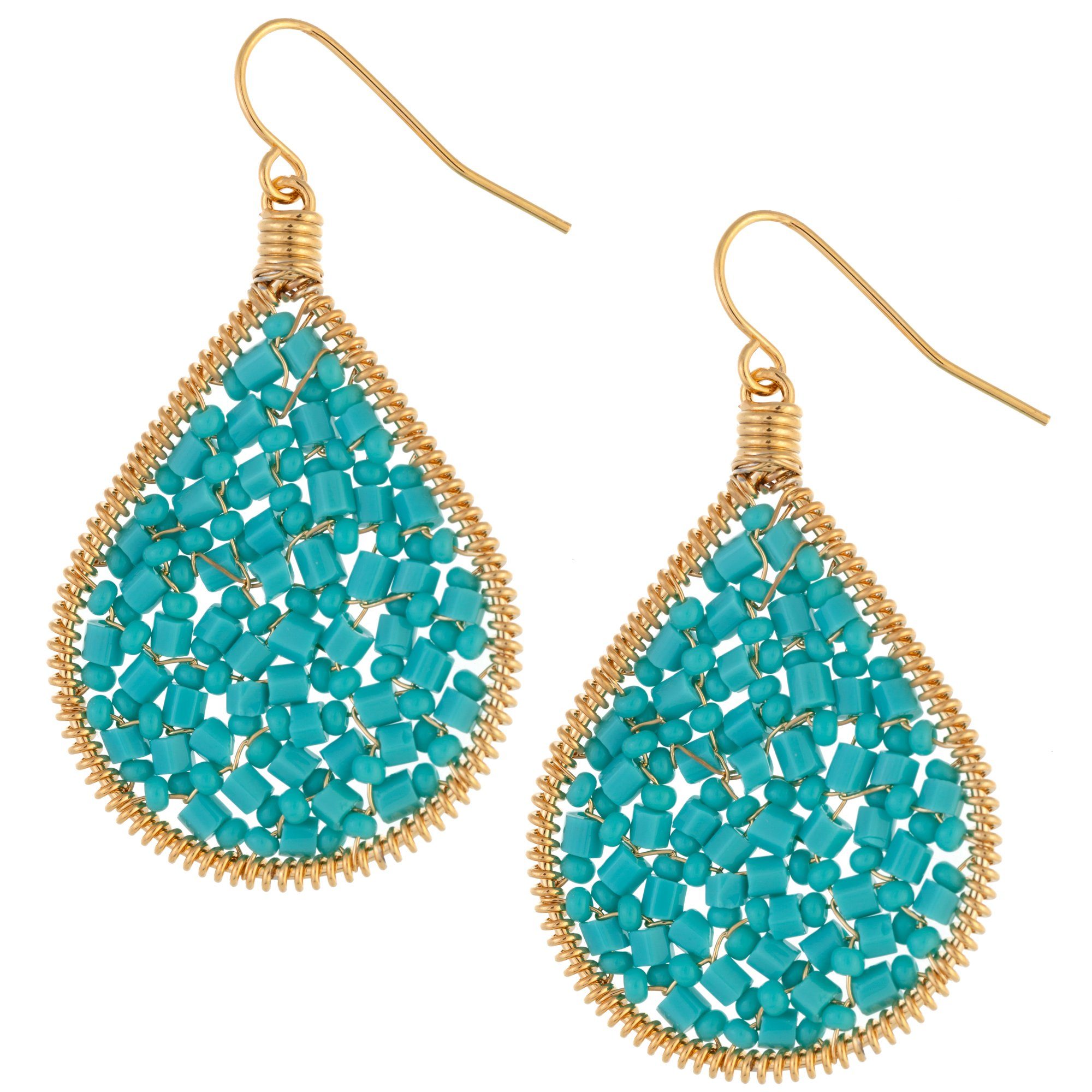 Glass Beaded Dream Gold-Plated Dangle Drop Earrings - Turquoise