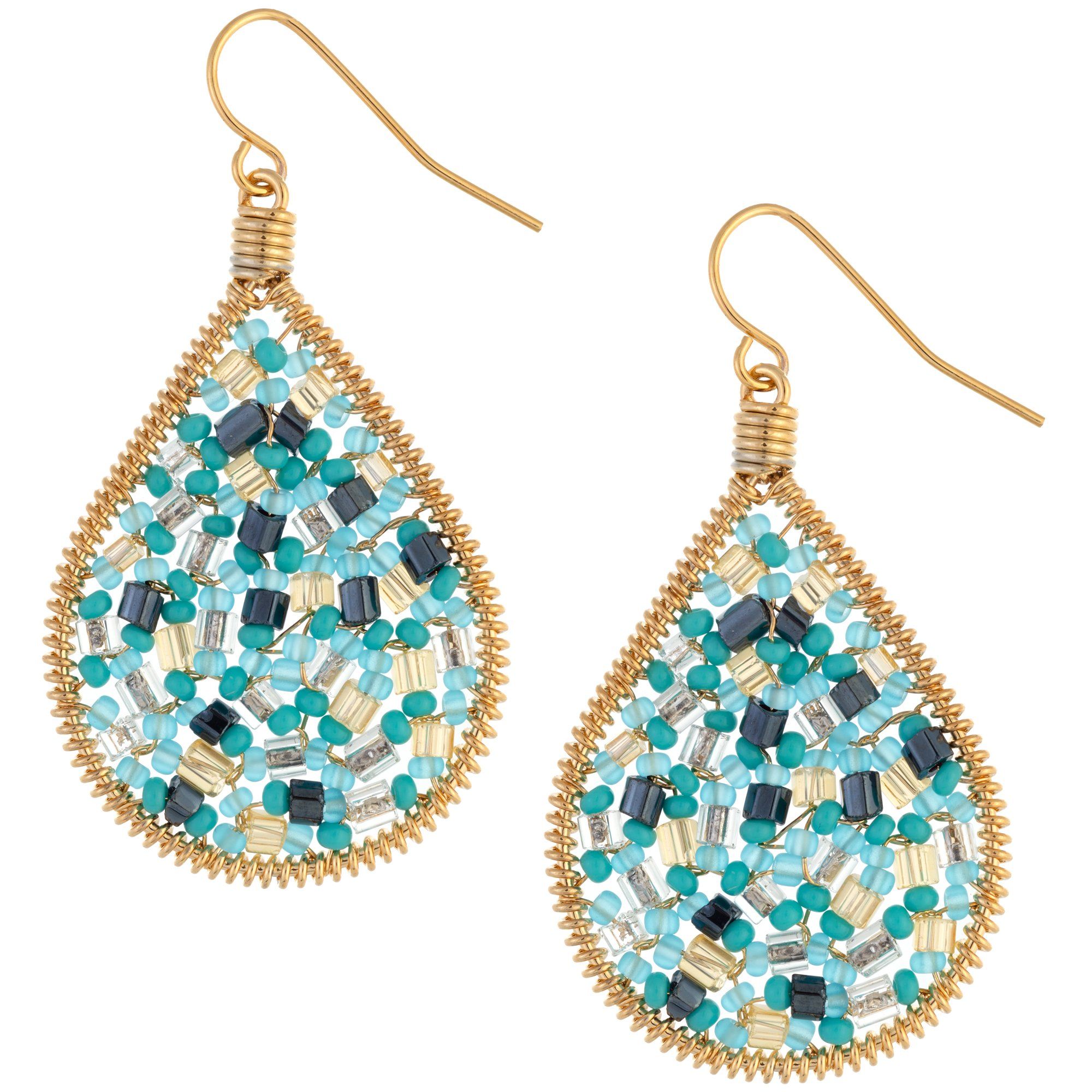 Glass Beaded Dream Gold-Plated Dangle Drop Earrings - Blue