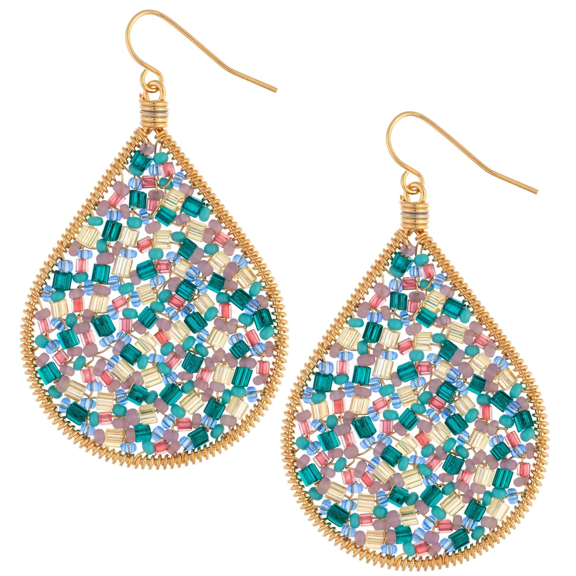 Glass Beaded Dream Gold-Plated Dangle Drop Earrings - Multicolor