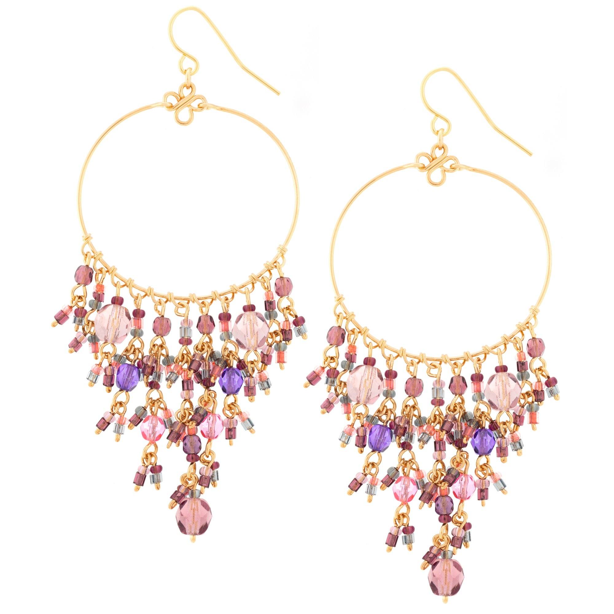 Dazzling Beaded Gold Hoop Earrings - Pink