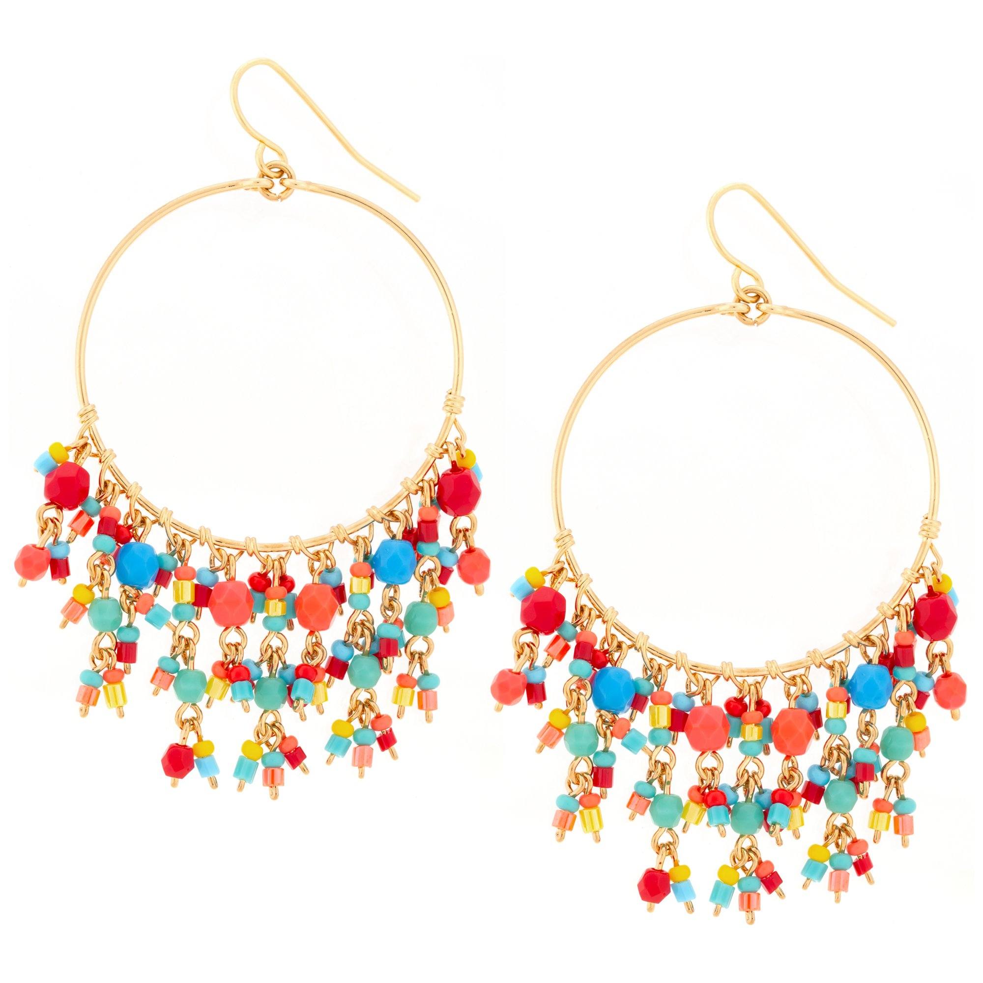 Dazzling Beaded Gold Hoop Earrings - Multicolor
