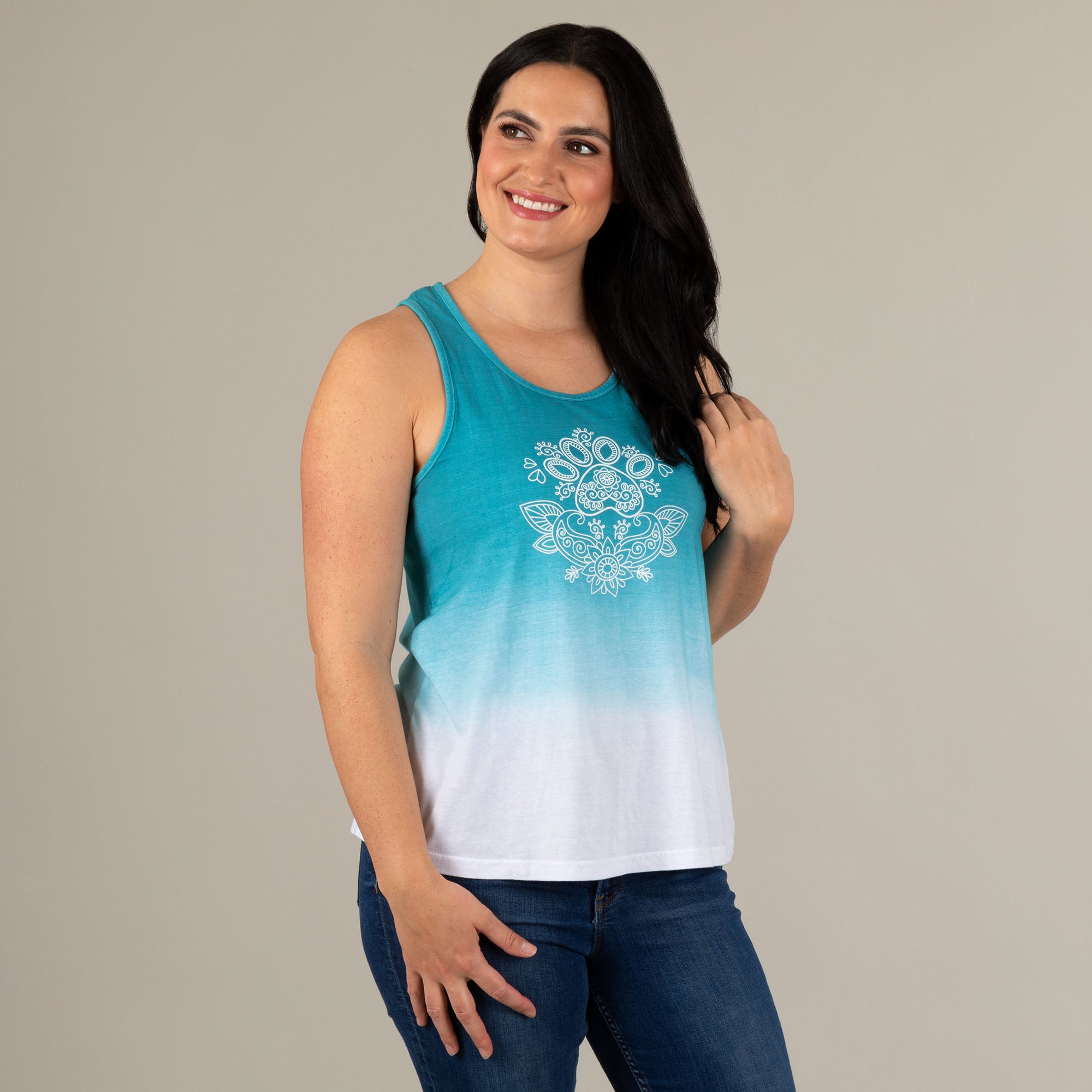 Paw Print Henna Ombre Tank Top - Teal - 4X