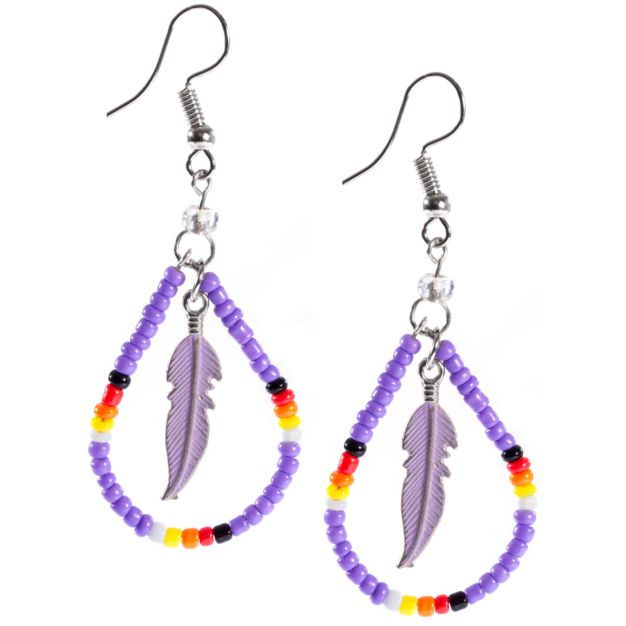 Beaded Feather Teardrop Earrings - Purple