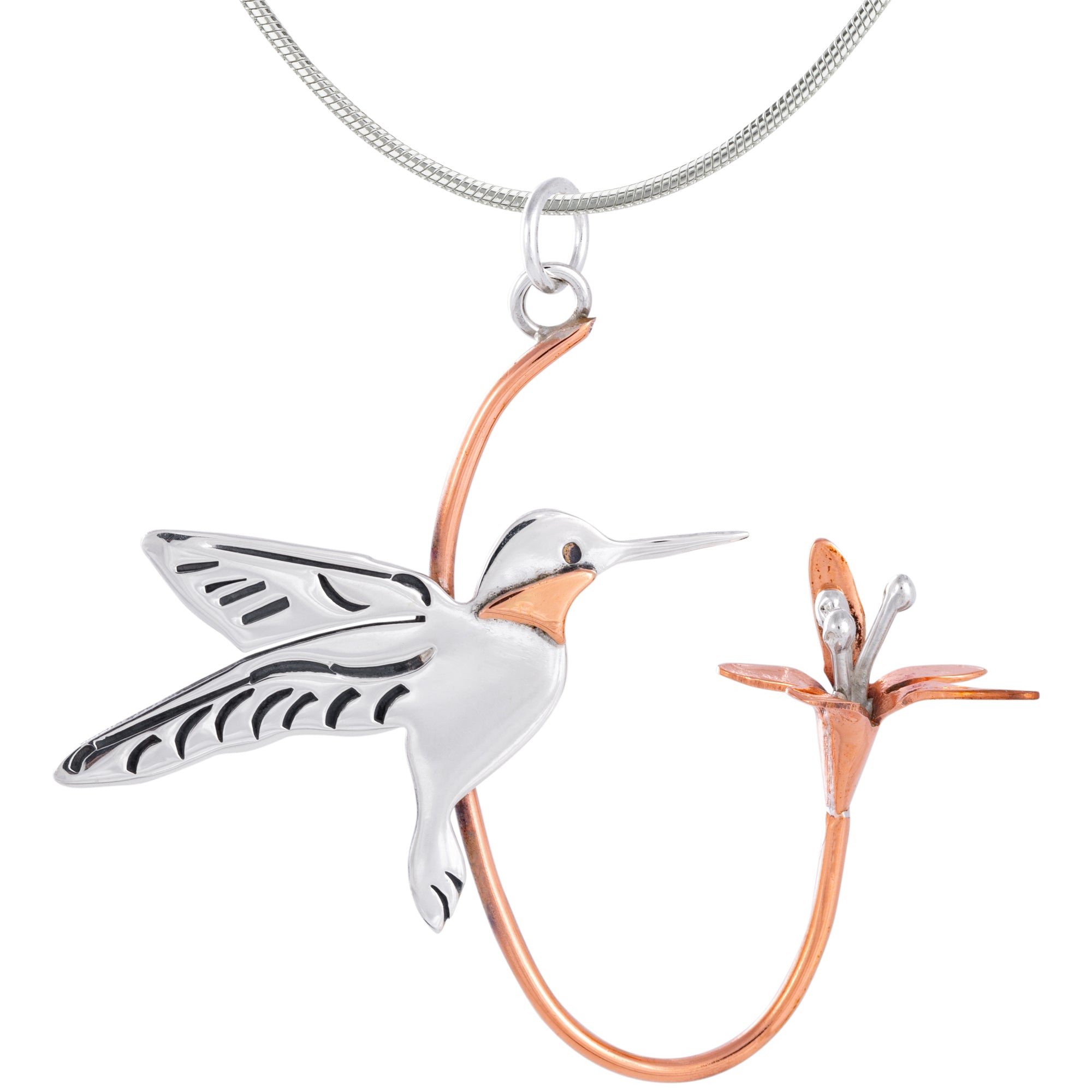 Hummingbird & Flower Sterling Necklace - With Snake Chain