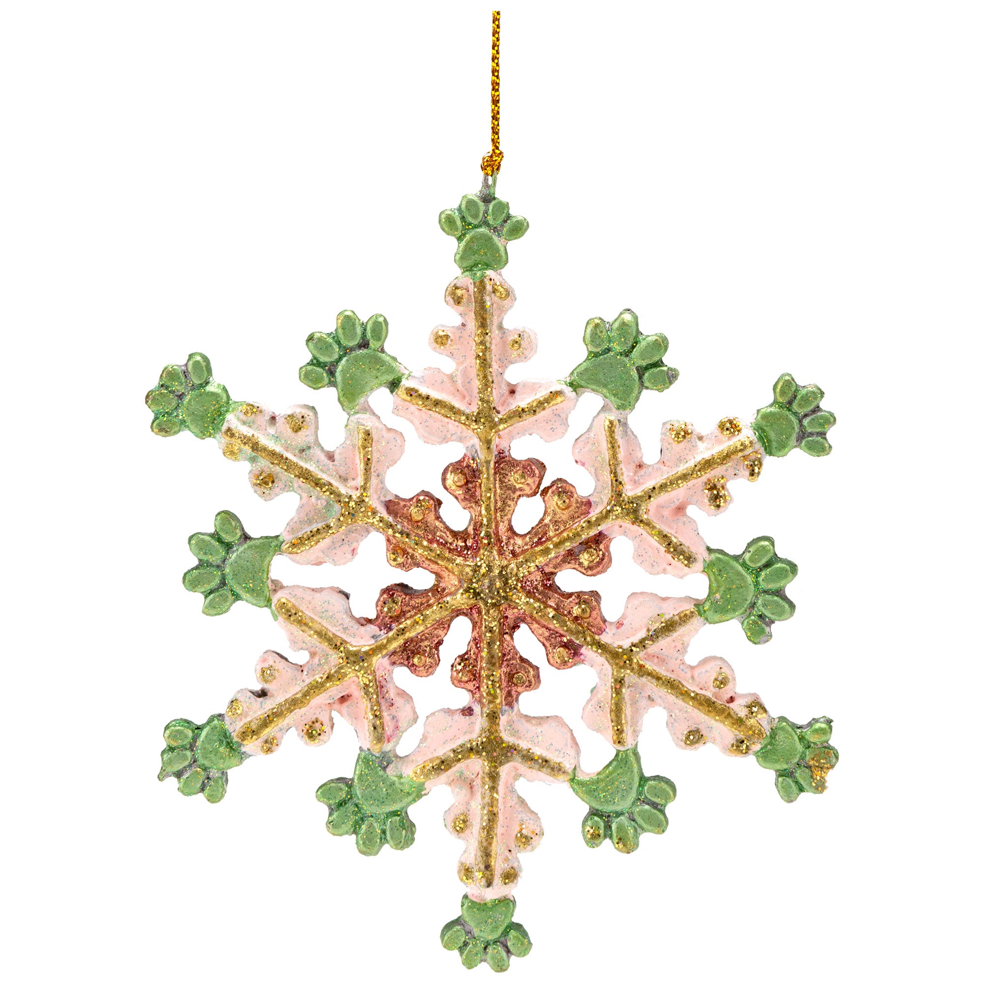 Glitter Paw Print Snowflake Ornament - Pink & Green