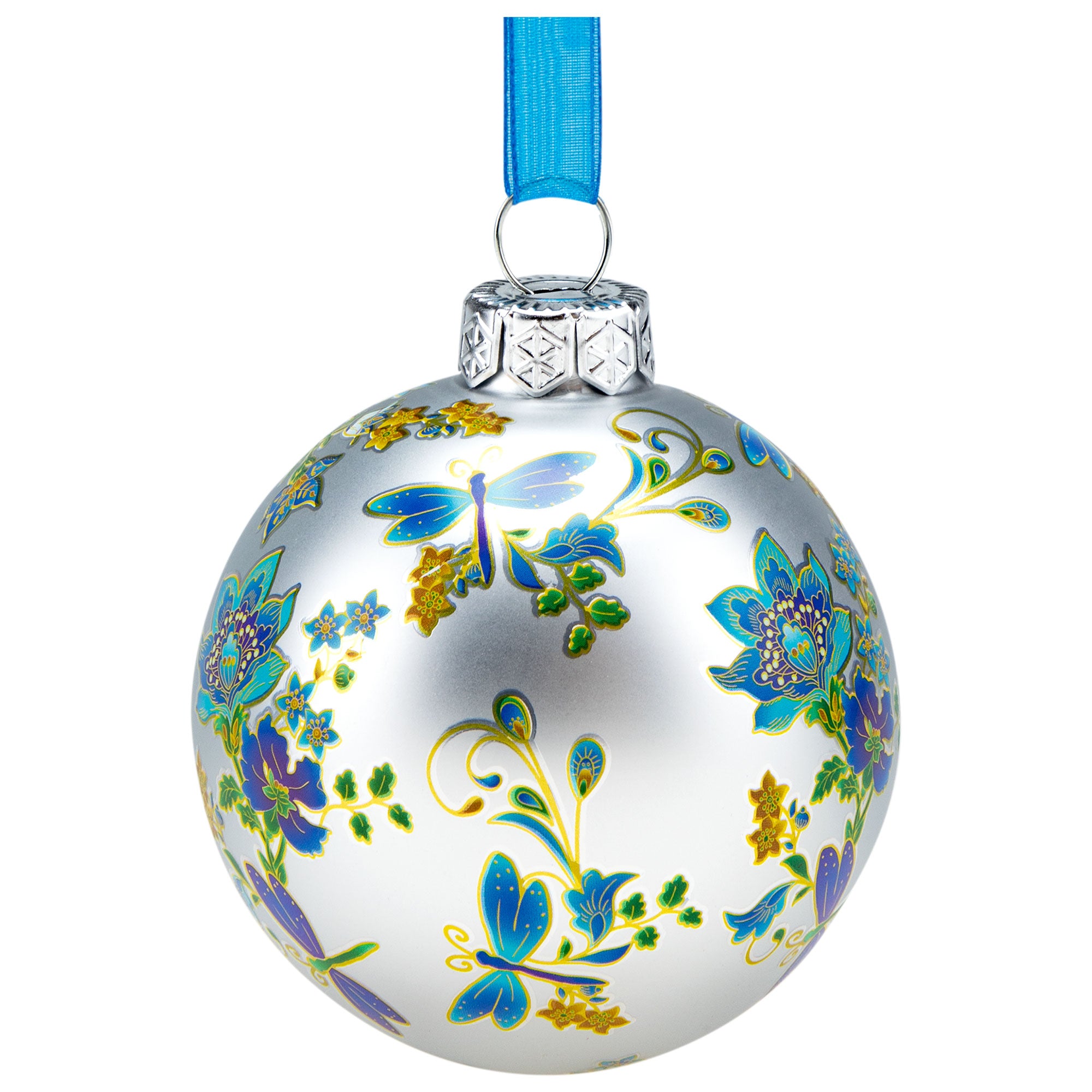 Hues Of Blues Glass Ornament - Floral Dragonflies