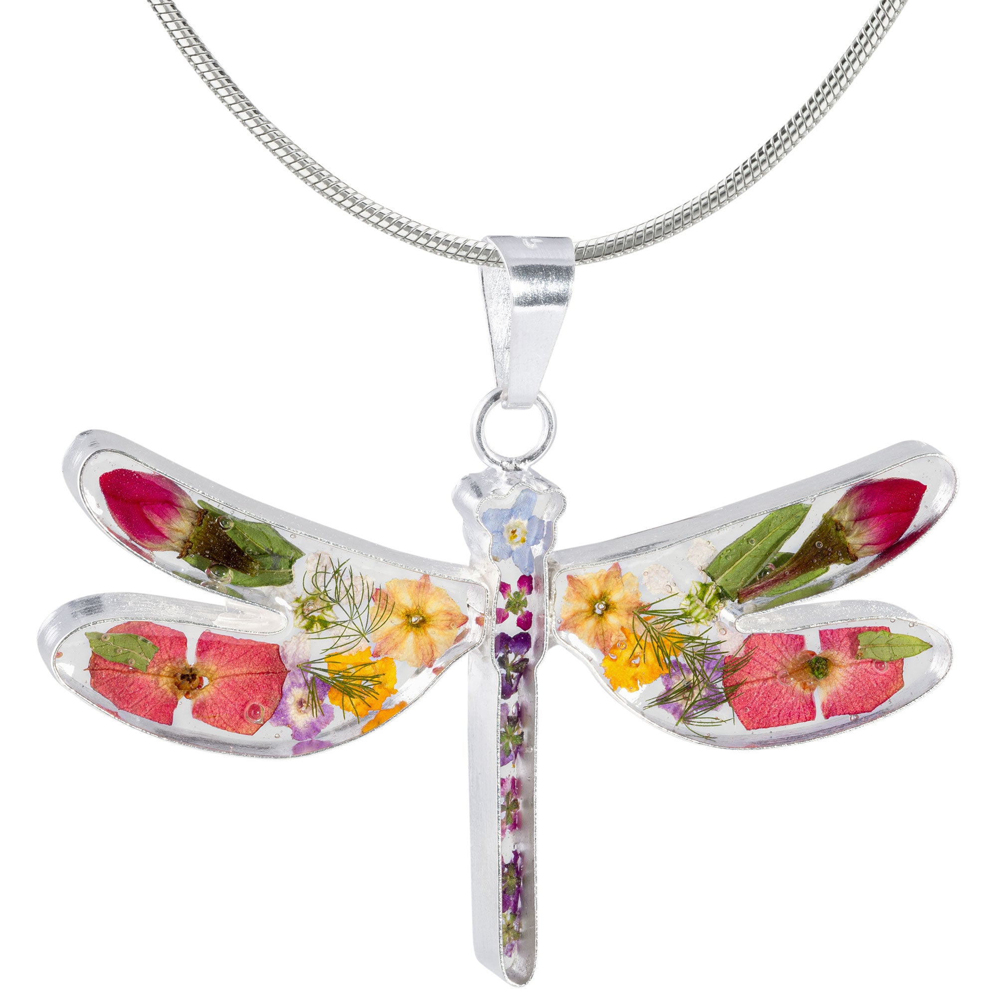 Real Flowers & Sterling Dragonfly Necklace - With Sterling Cable Chain