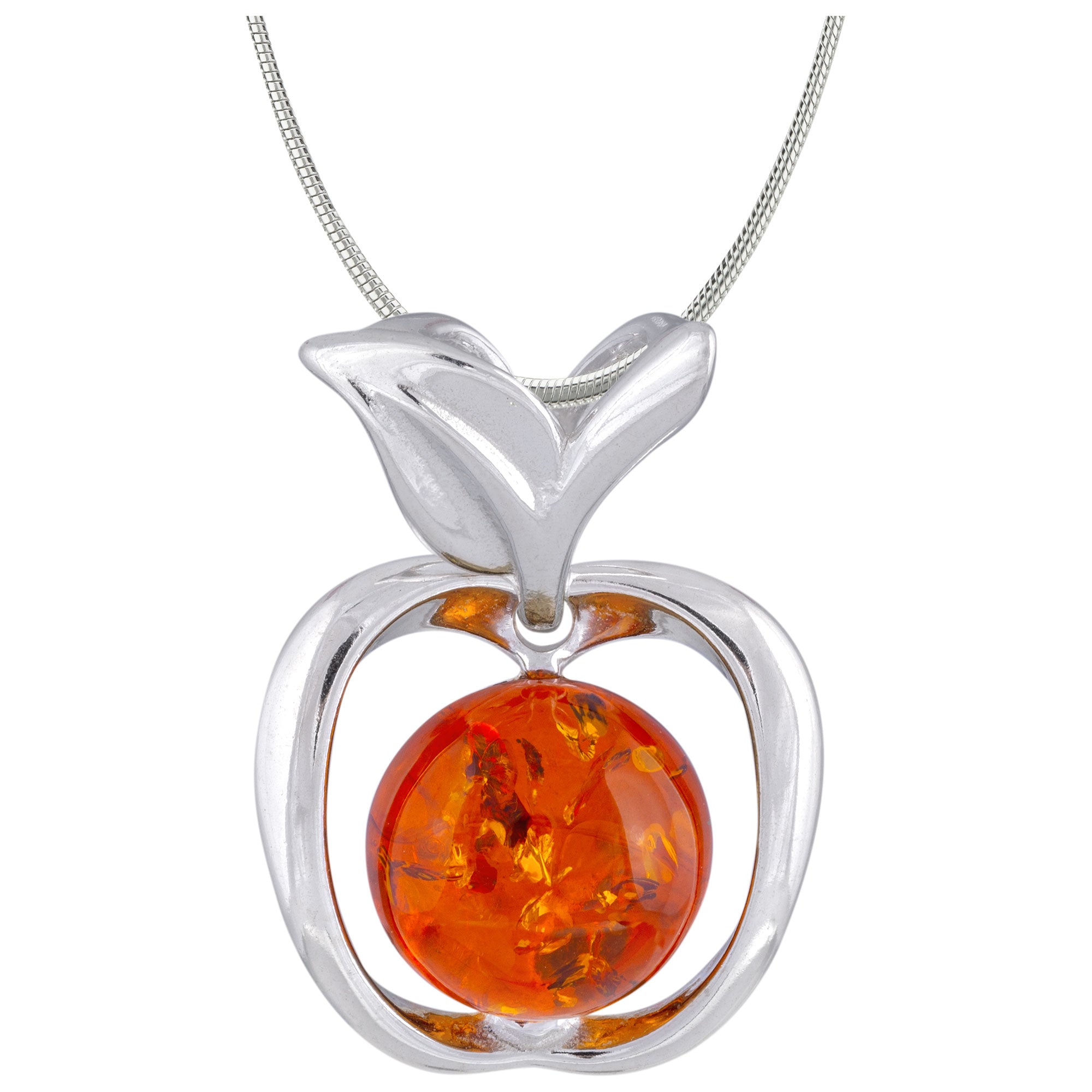 Sterling & Amber Apple Necklace - Cognac - With Sterling Cable Chain