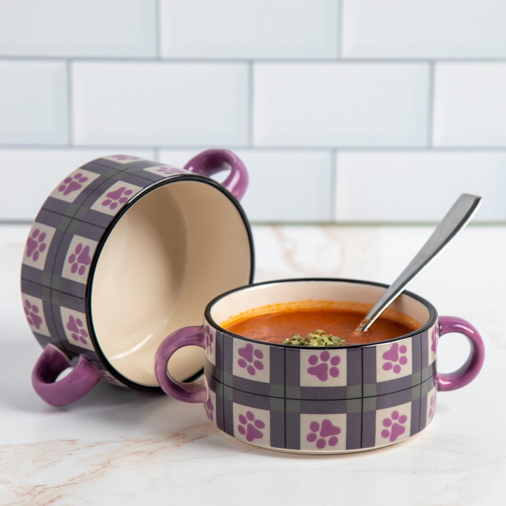 Double Handle Soup Cups - Set Of 2 - Checkerboard Paws