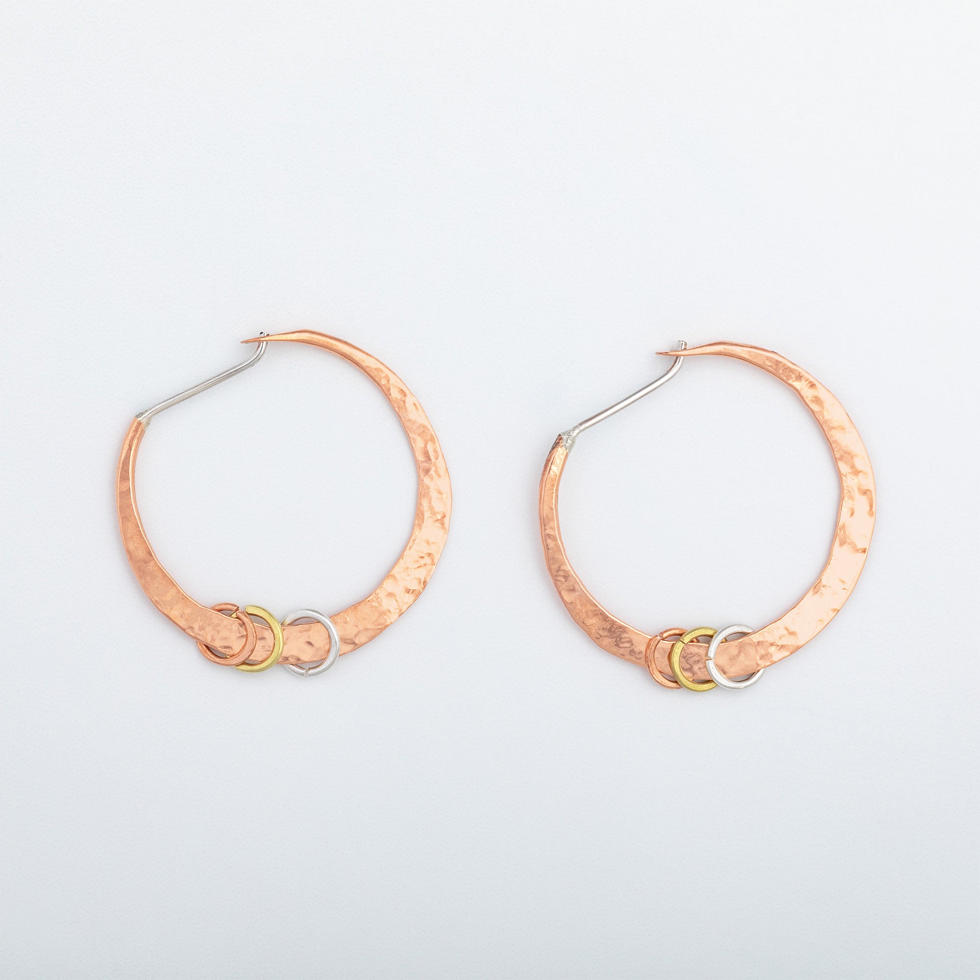 Hammered Sterling, Brass & Copper Hoop Earrings - Copper