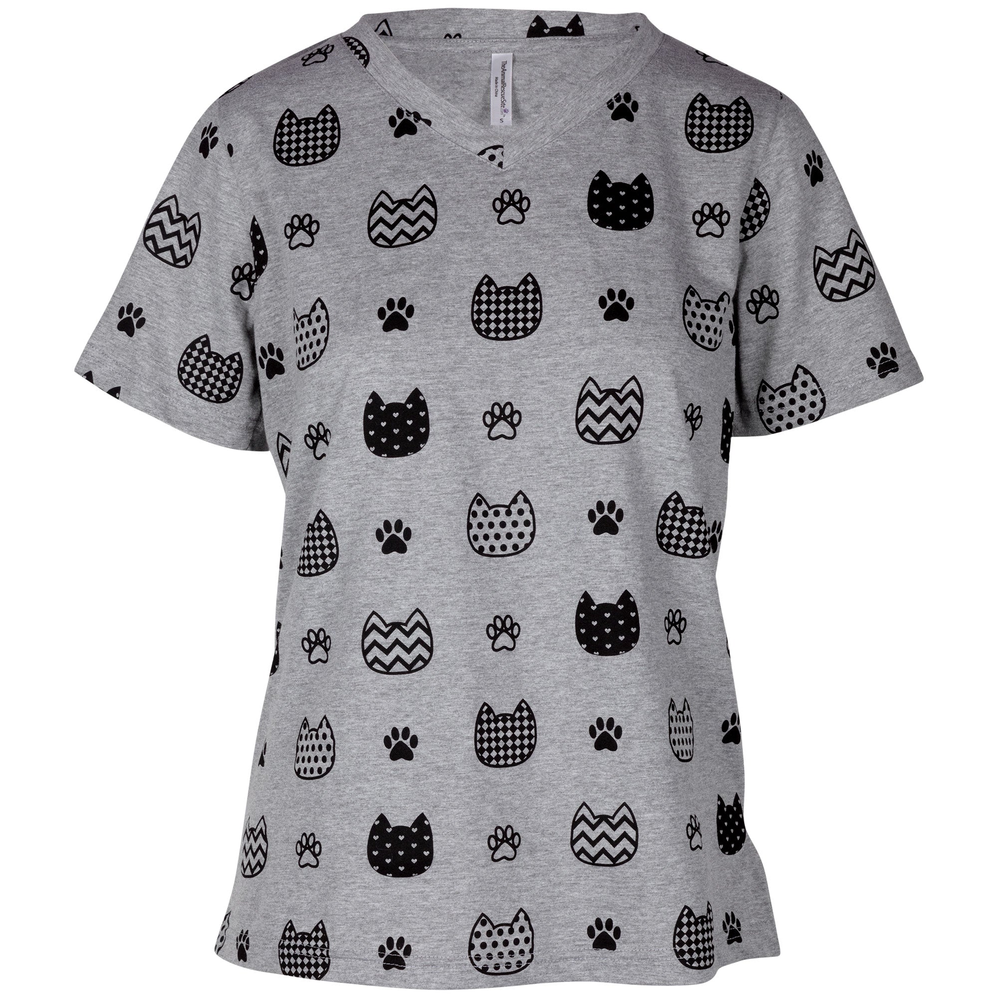 Women's Cat & Dog Print V-Neck T-Shirt - Grey - Cat - L