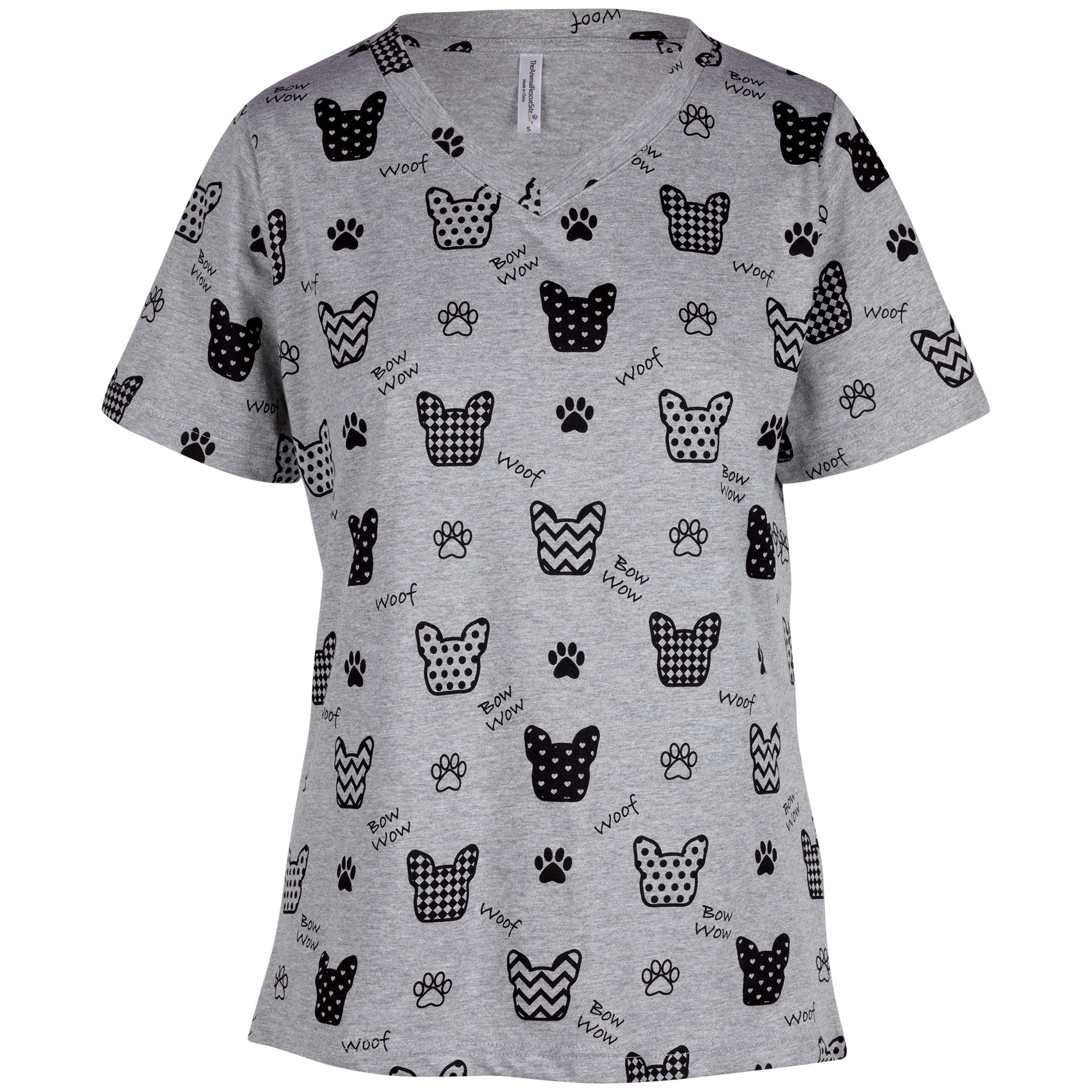 Women's Cat & Dog Print V-Neck T-Shirt - Grey - Dog - S