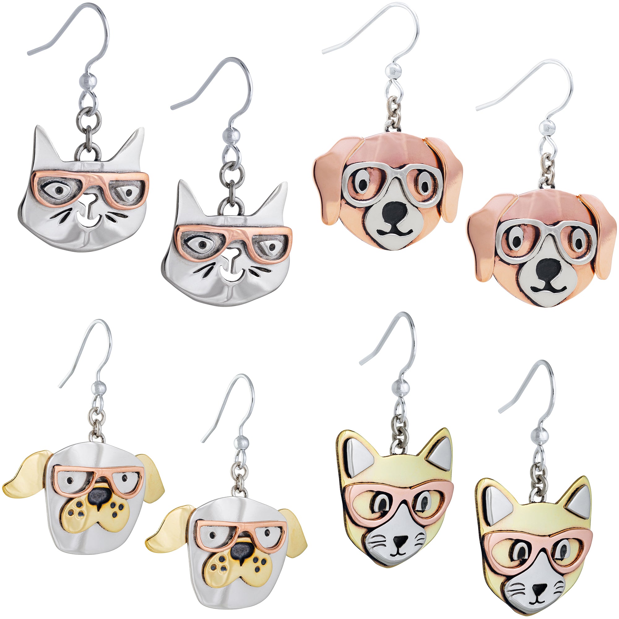 Dog & Cat Mixed Metal Dangle Earrings - Dog - Alpaca Silver