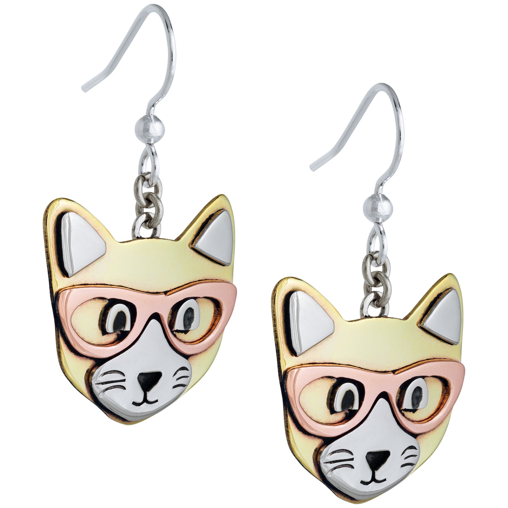 Dog & Cat Mixed Metal Dangle Earrings - Cat - Brass