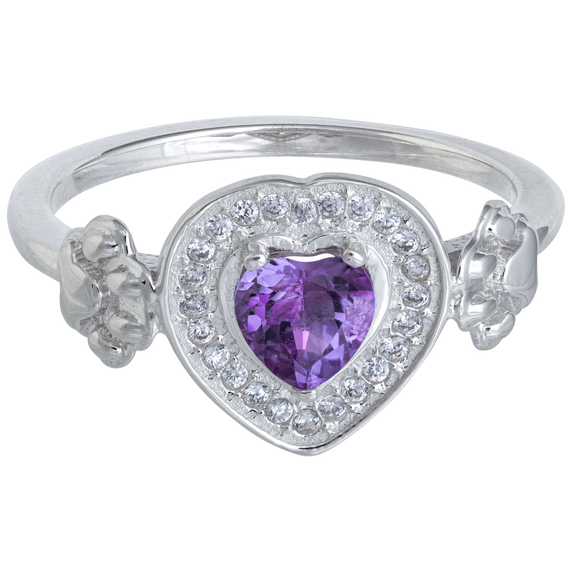 Sterling Silver & Amethyst Paw Print Heart Ring - 9