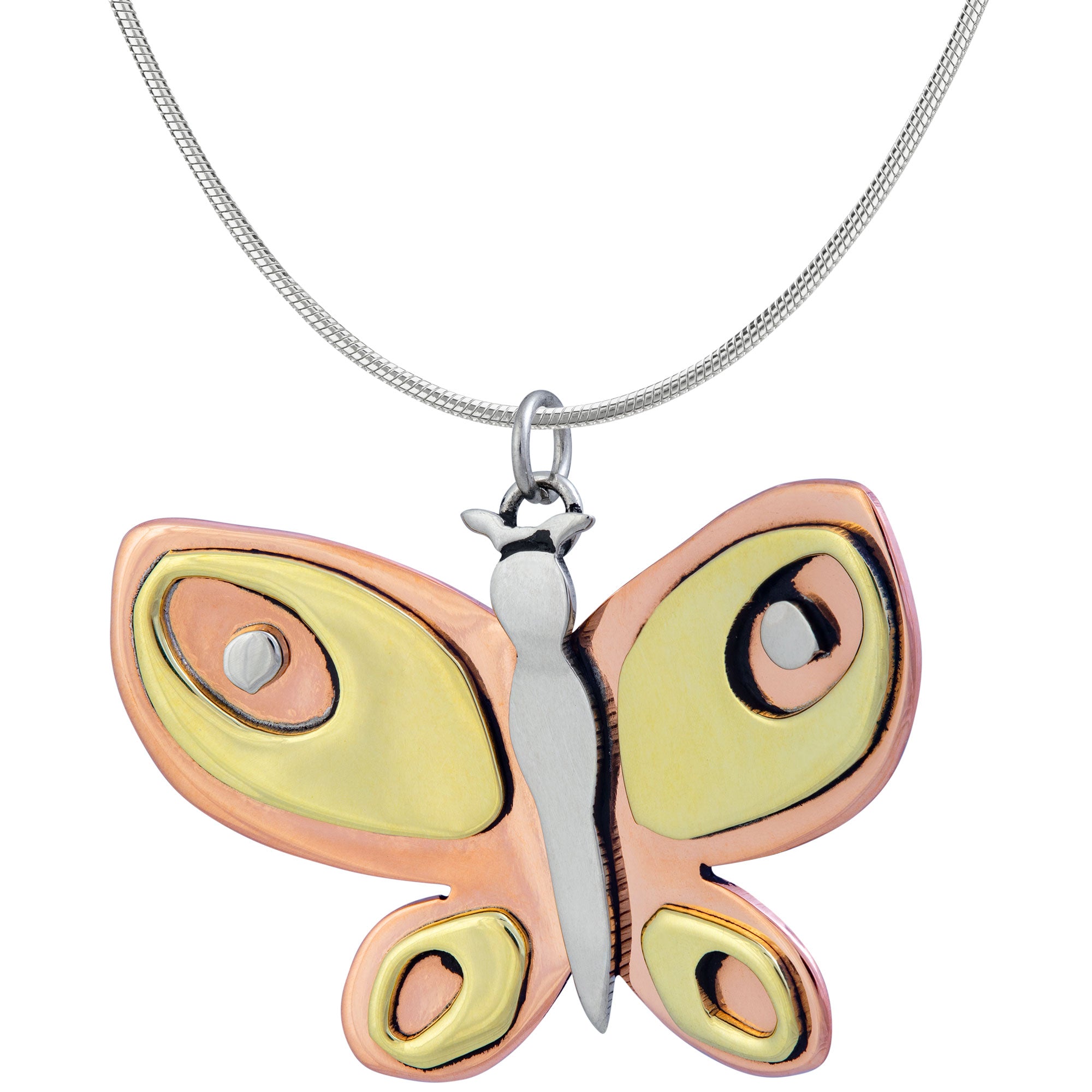 Colorful Butterfly Mixed Metal Necklace - With Silver Plated Chain