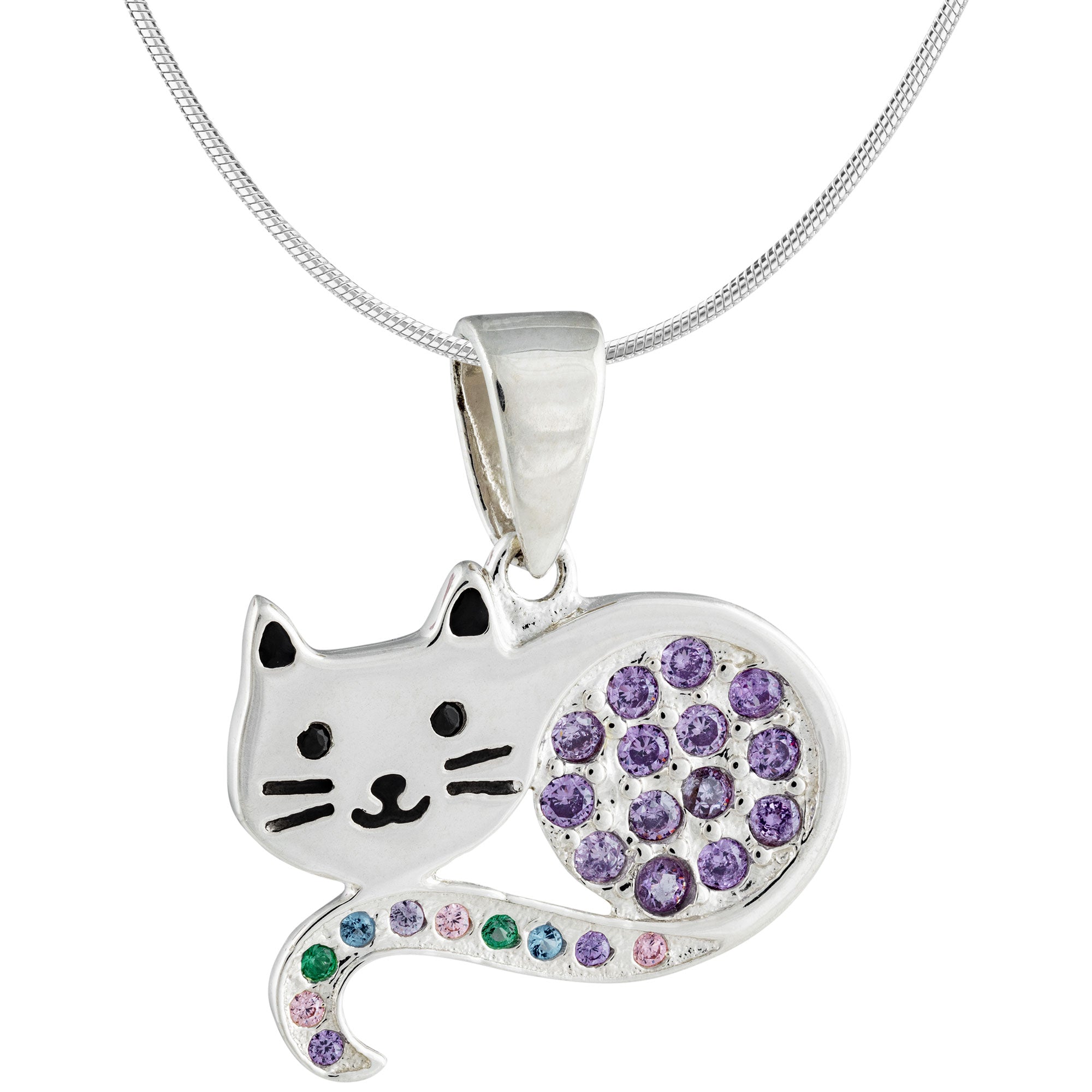 Sweet Kitty Cat Sterling & Crystal Necklace - With Diamond Cut Chain