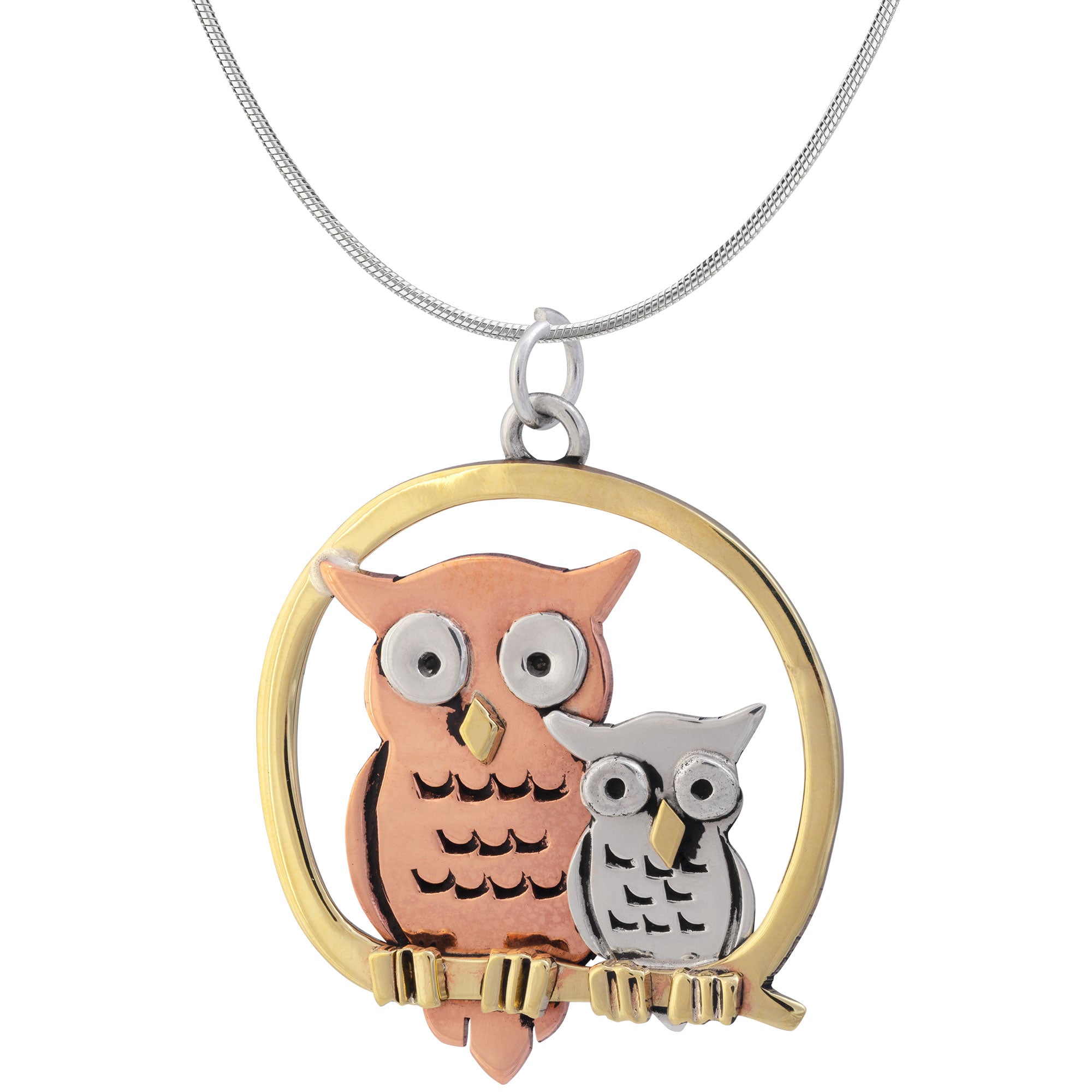 Mama & Baby Owl Sterling & Copper Necklace - With Snake Chain